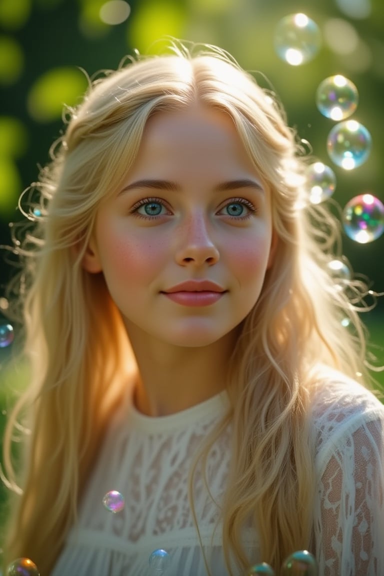 Beauty, realism, cinematography, chiaroscuro, rays of light, play of shadow and light, cinematic quality, cinematic style. 
"A young girl with long blonde hair and big blue eyes, delicately playing with soap bubbles in a serene outdoor setting. The sunlight softly illuminates her face, creating a gentle glow and highlighting the shimmering bubbles around her. The background is slightly blurred with lush green foliage, adding depth and focus to the girl’s expression of wonder and innocence. The atmosphere is magical and serene, capturing the fleeting beauty of childhood in a realistic, high-detail, and slightly dreamy photographic style."
