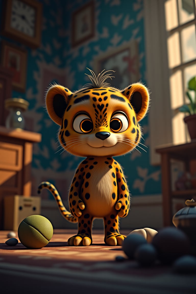 Beauty, realism, chiaroscuro, cinematography, play of shadow and light. Cute cartoon character of leapord 
