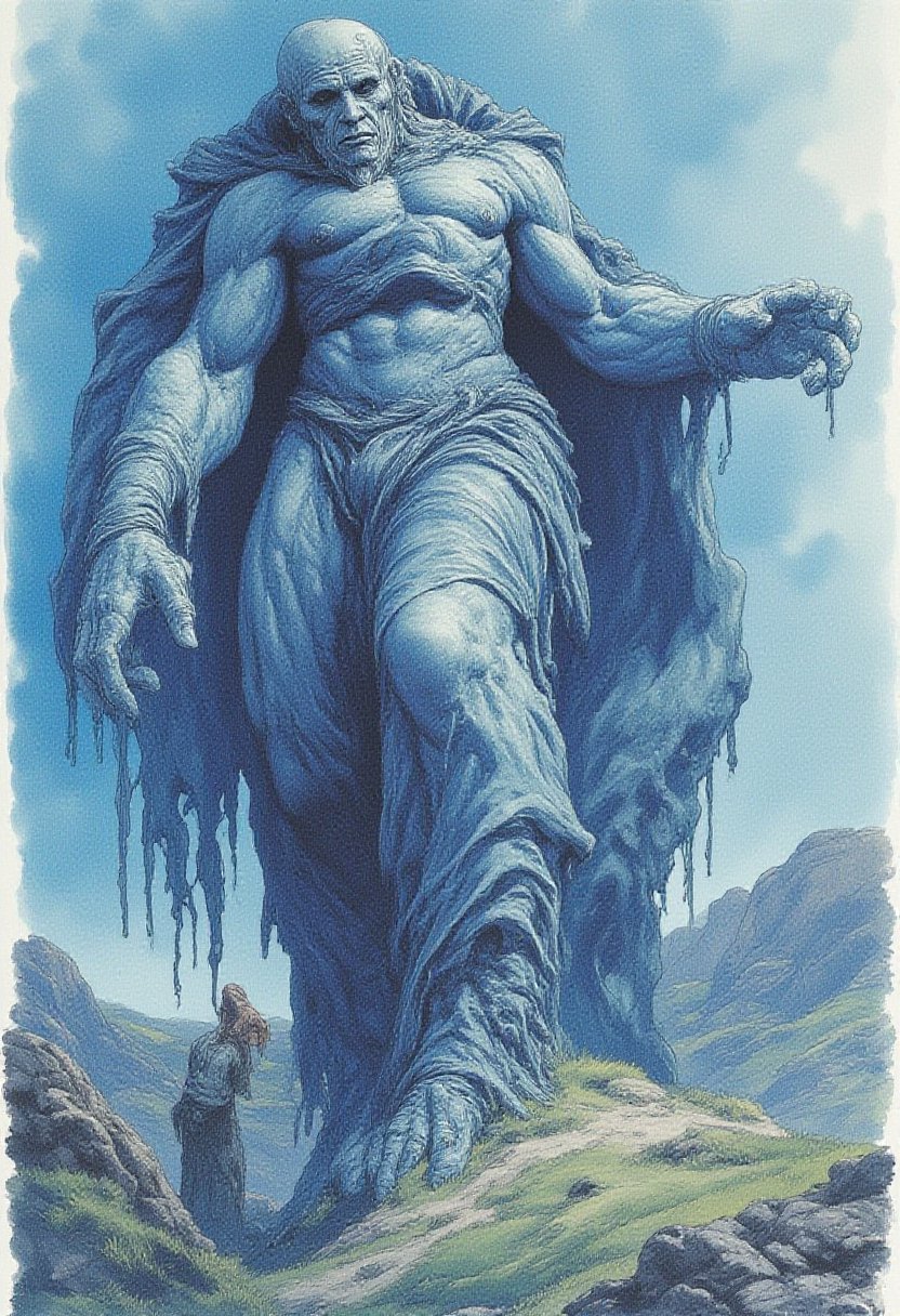 watercolor, wet on wet, paintstreaks, watercolor painting, illustration, Cinematic style
giants are depicted as immense, ethereal beings that tower over the landscape, dwarfing everything around them. They have elongated, humanoid forms blue pale skin. Giants look like bald woman. Fantasy world character. Colossal woman blue pale skin. Wearing only an old ragged piece of cloth. dark Fantastic art style.