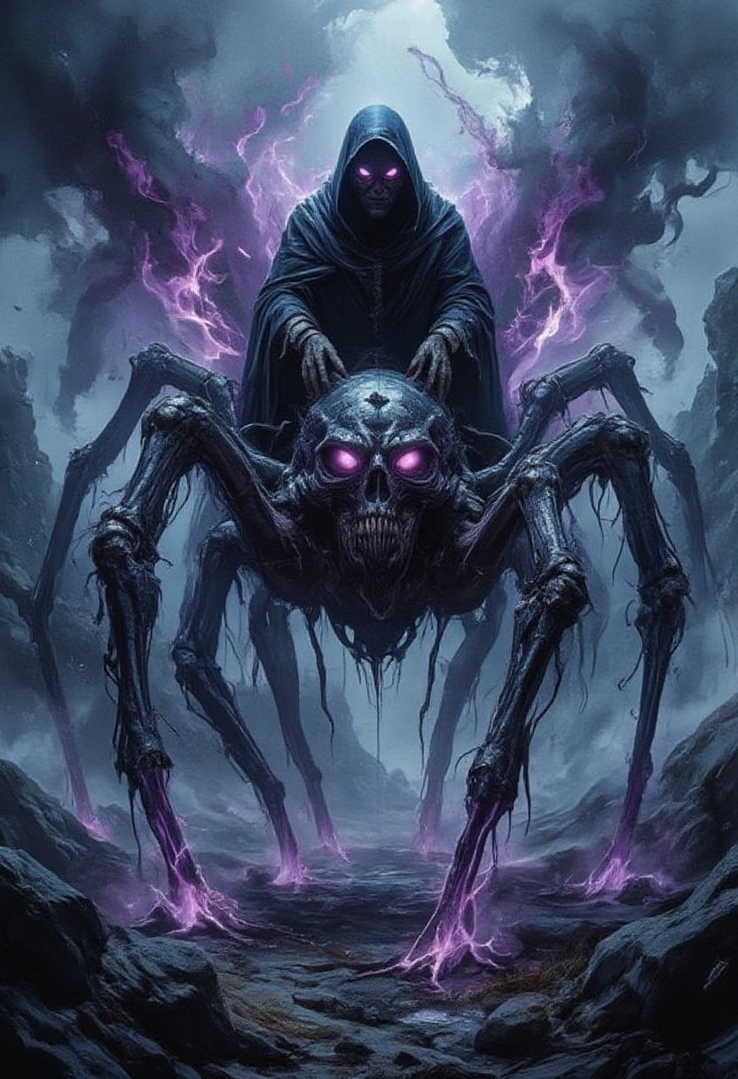 horror show, monster, nightmare, fear, illustration, realism style, cinematic style, watercolor, 
"A menacing figure in a dark hooded cloak rides atop a colossal spider-like creature with a skull-shaped face, glowing eyes, and sharp fangs. The figure's eyes burn with an eerie pink light, while dark, mystical energy surrounds them, radiating in purple flames. The spider's legs are long and spindly, tipped with glowing veins of energy, as it moves through a foggy, desolate landscape. The atmosphere is ominous, filled with thick fog and swirling clouds of dark magic, evoking a sense of dread and horror."