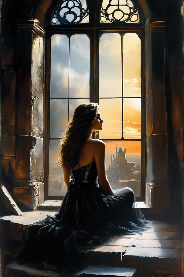 concept art, wide angle, side view, dark fantasy style, painting depicting a young woman sitting in her castle at sunset in the evening and holding the audience. The room is dusty and rays of light cut through the darkness, creating a gloomy atmosphere. A young woman watches the siege of a city from the window of her castle, her expression both powerful and pensive.
Anna Razumovskaya, Casey Baugh, Antonio Mora, Aminola Rezai, Giovanni Boldini, art,#Pastel, #drawing with dry chalk, #crayo