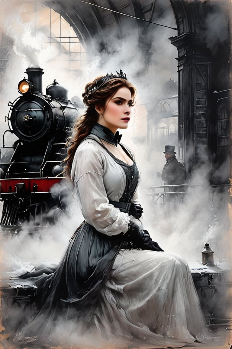 Pastel, black pencil hatching, charcoal drawing, toned paper, pencil drawing,
A historical scene set in a foggy train station. Foreground close-up, on camera, Anna Karenina, dressed in elegant 19th century winter attire, including a fur cape, hat, throws herself (((moving view, in front of the locomotive: 1.5))) under the locomotive. The train emits steam, creating a dramatic and nostalgic atmosphere. In the background are details of the train station with an industrial, vintage feel., drawing with dry chalk, women, Black and white art