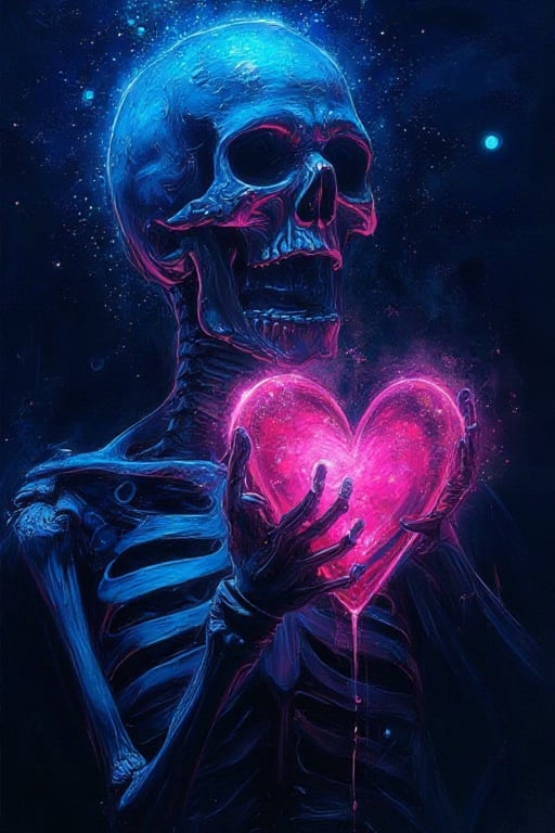 funny animals, watercolor, horror face
"Neon Skeleton Love"
A glowing blue skull holds a pulsating pink heart in its bony hands. The dark background is dotted with bright particles, creating a sense of outer space. The contrast between cold and warm shades creates a mesmerizing atmosphere between life and death.