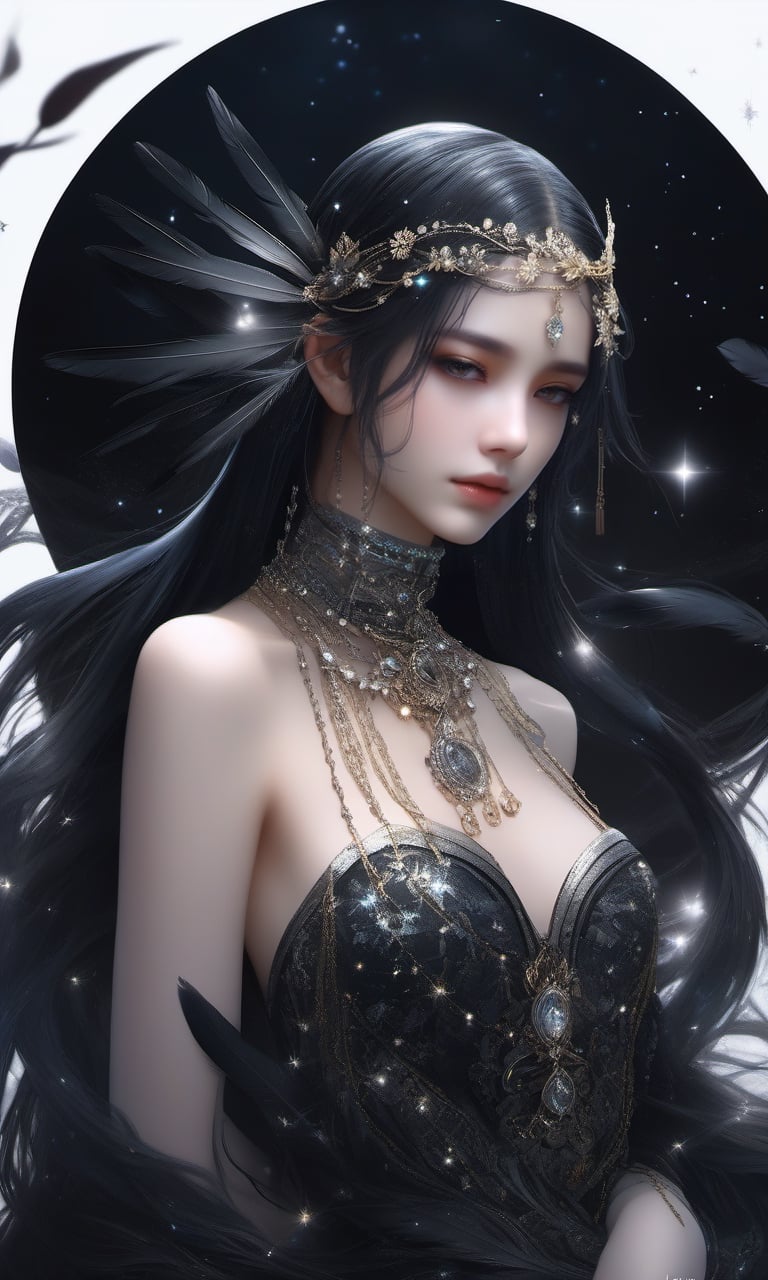 xxmixgirl, (extremely detailed CG unity 8k wallpaper), (masterpiece), (best quality), (ultra-detailed), (best illustration), (best shadow), (an extremely delicate and beautiful), dynamic angle, floating, finely detail, (bloom), (shine), glinting stars, classic, (painting), 1girl, slave, (black_dress), (very_long_black_hair), diamond and glaring eyes, ((beautiful detailed cold face)), tears, smile, medium_chest, star hair ornament, dishevelled hair, (floating feathers), black feathers, (collar), ((cage)), ((Chains)), moon, mist, starryNebula