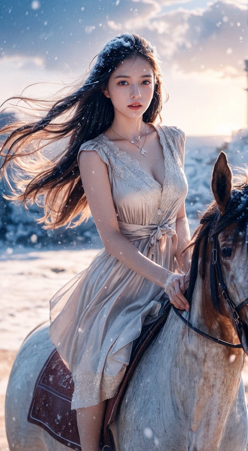 masutepiece, best quality, ultra-detailed, fine, high resolution, 8K wallpaper, perfect dynamic composition, natural color lips, (wearing European style, luxury necklace: 1.3), (long hair: 1.3), (drawing action: snow scene The girl here wants to ride a brown horse), long hair blown by the wind, 20 years, cowboy_shot, bathing in the sunset