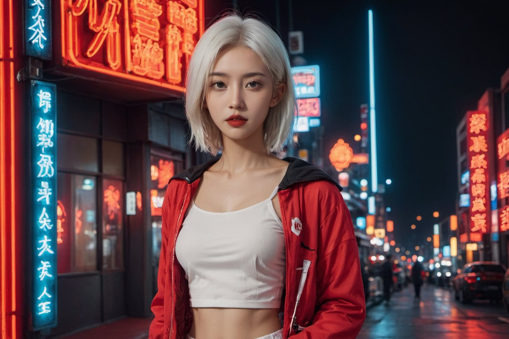 a young asian woman with white hair poses near city neon sign, 1girl, lucy (cyberpunk), solo, white shorts, shorts, breasts, red lips, looking at viewer, jacket, cyberpunk,Detailedface,xxmix_girl,LinkGirl,cyberpunk style