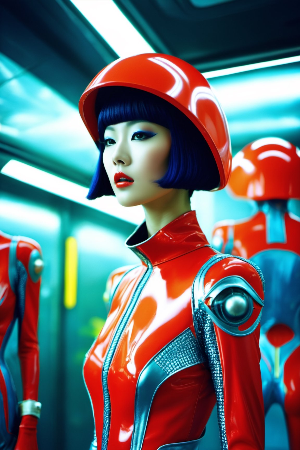 Absorbing cinematic photograph,  snapshot from an alien invasion feature,  extraterrestrial inspired outfits by 0xprinced...
