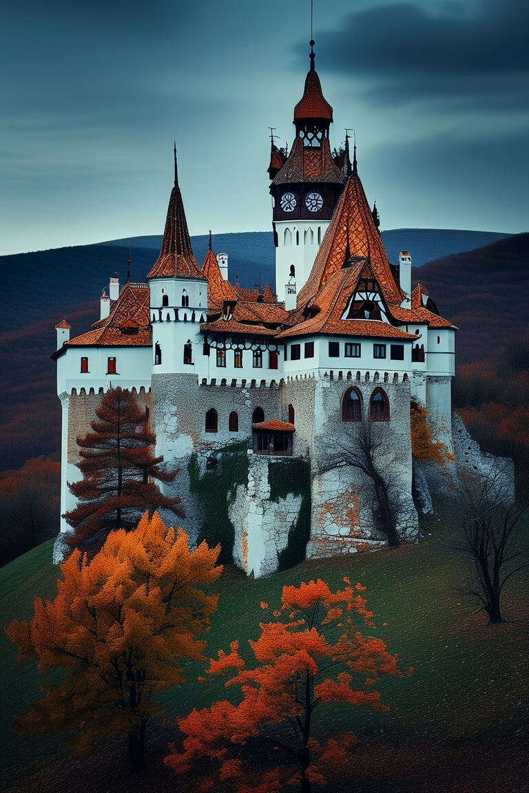 scenery of bran castle in Brasov Country, Romania background, neo-gothic architecture, photography, horror fiction, autumn, night