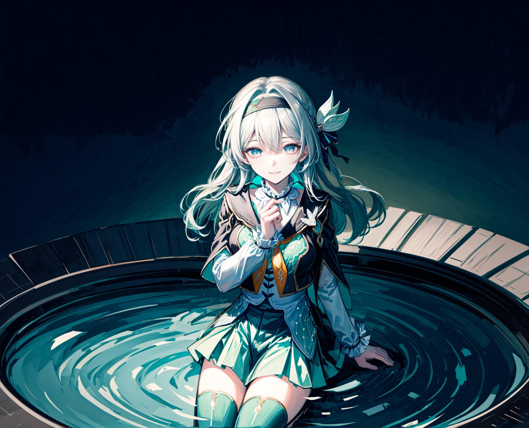 monochrome,grayscale,watercolor,masterpiece:2,((best quality)),highres,((looking_at_viewer)),1girl,solo,from above,
a gril sitting in a pool of lotus,leaves,perspective,depth of fields,sitting,water,
grey hair,long hair,hair ornament,black hairband,blue eyes,long sleeves,green skirt,green thighhighs,smile,