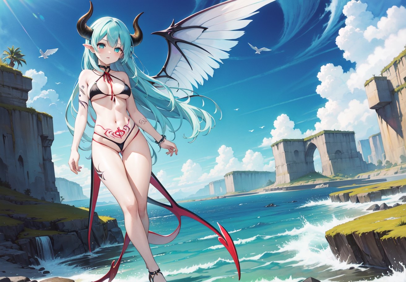 best_quality,highres,extremely_detailed, 1girl,beautiful_face,navel,light_aqua_hair,very_long_hair,full_body, ,obscenity_tattoo,windmage,aqua_tattoo,green_tattoo,waist_tattoo,neck_tattoo, village_succubus,wings,horns,tail, BREAK official_art,watercolor_\(medium\),fantasy, flying,waterfal,canyon,valley,magical_girl,GGAS_Box,,