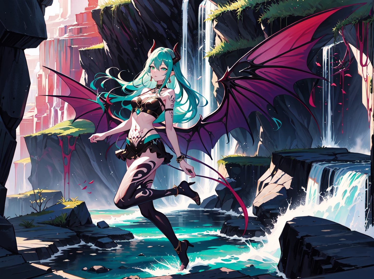 best_quality,highres,extremely_detailed, 1girl,beautiful_face,navel,light_aqua_hair,very_long_hair,full_body, ,obscenity_tattoo,windmage,aqua_tattoo,green_tattoo,waist_tattoo,neck_tattoo, village_succubus,wings,horns,tail, BREAK official_art,watercolor_\(medium\),fantasy, flying,waterfal,canyon,valley,magical_girl,