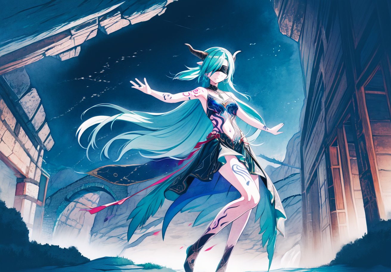 best_quality,highres,extremely_detailed, 1girl,beautiful_face,navel,light_aqua_hair,very_long_hair,full_body, ,obscenity_tattoo,windmage,aqua_tattoo,green_tattoo,waist_tattoo,neck_tattoo, village_succubus,wings,horns,tail, BREAK official_art,watercolor_\(medium\),fantasy, flying,waterfal,canyon,valley,magical_girl,GGAS_Box,,black nightgown,Circle, blindfold