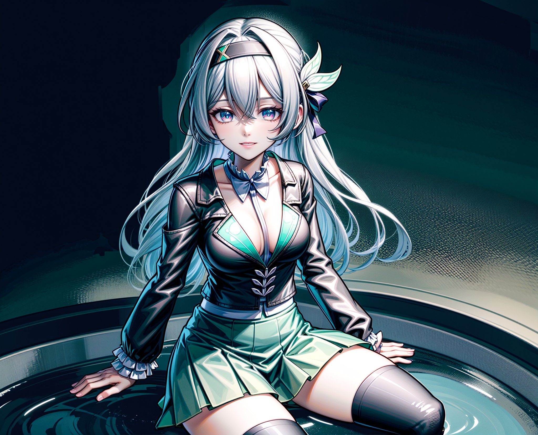 monochrome,grayscale,watercolor,masterpiece:2,((best quality)),highres,((looking_at_viewer)),1girl,solo,from above,
a gril sitting in a pool of lotus,leaves,perspective,depth of fields,sitting,water,
grey hair,long hair,hair ornament,black hairband,blue eyes,long sleeves,green skirt,green thighhighs,smile,