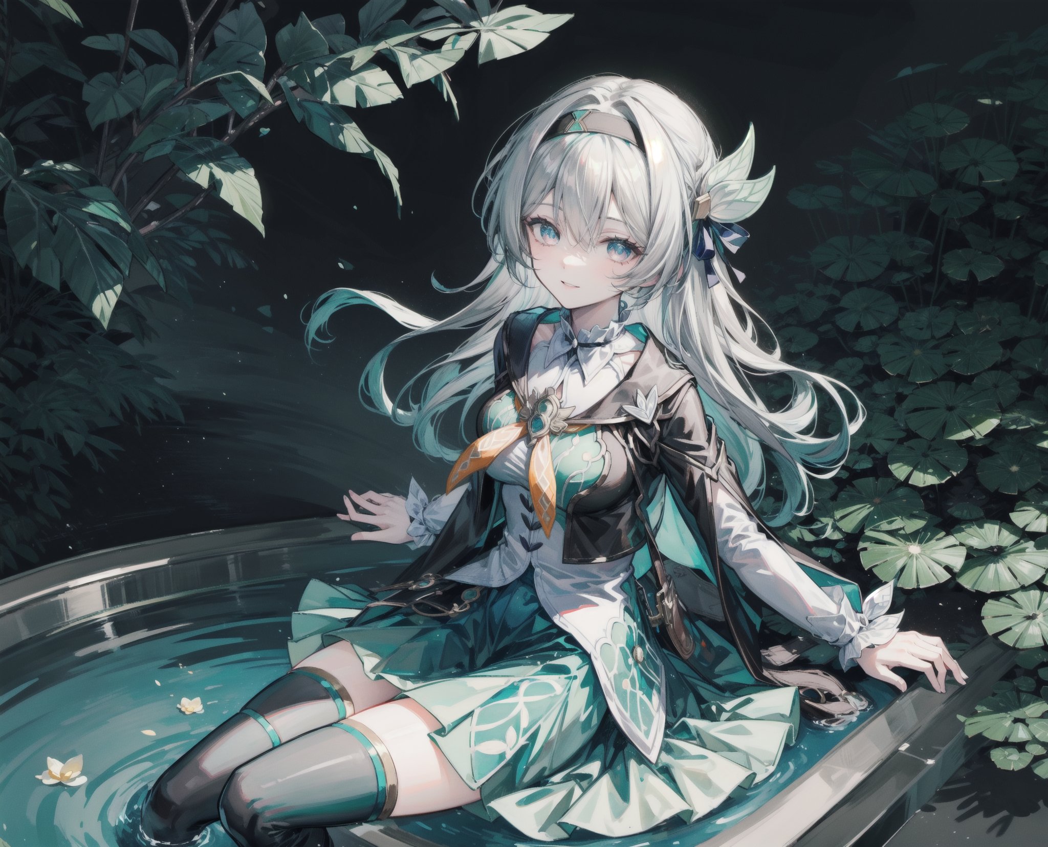 monochrome,grayscale,watercolor,masterpiece:2,((best quality)),highres,((looking_at_viewer)),1girl,solo,from above,
a gril sitting in a pool of lotus,leaves,perspective,depth of fields,sitting,water,
grey hair,long hair,hair ornament,black hairband,blue eyes,long sleeves,green skirt,green thighhighs,smile,