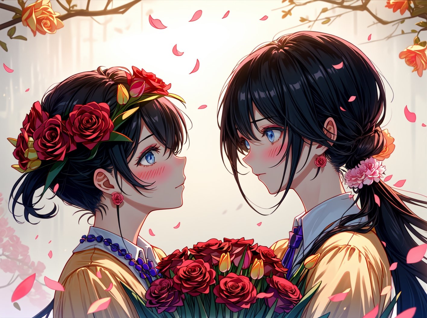 profile, 1girl, 1boy, long hair, looking at another, blue eyes, eye contact, short hair, shirt, collared shirt,Background of Flower Sea,Super clear, Rose jewelry,A man and a woman, Love head, blindfold,fashion_girl,midjourney,Peach blossoms, cherry blossoms, monthly flowers, roses, roses, red roses, carnations, beige carnations, tulips, yellow tulips