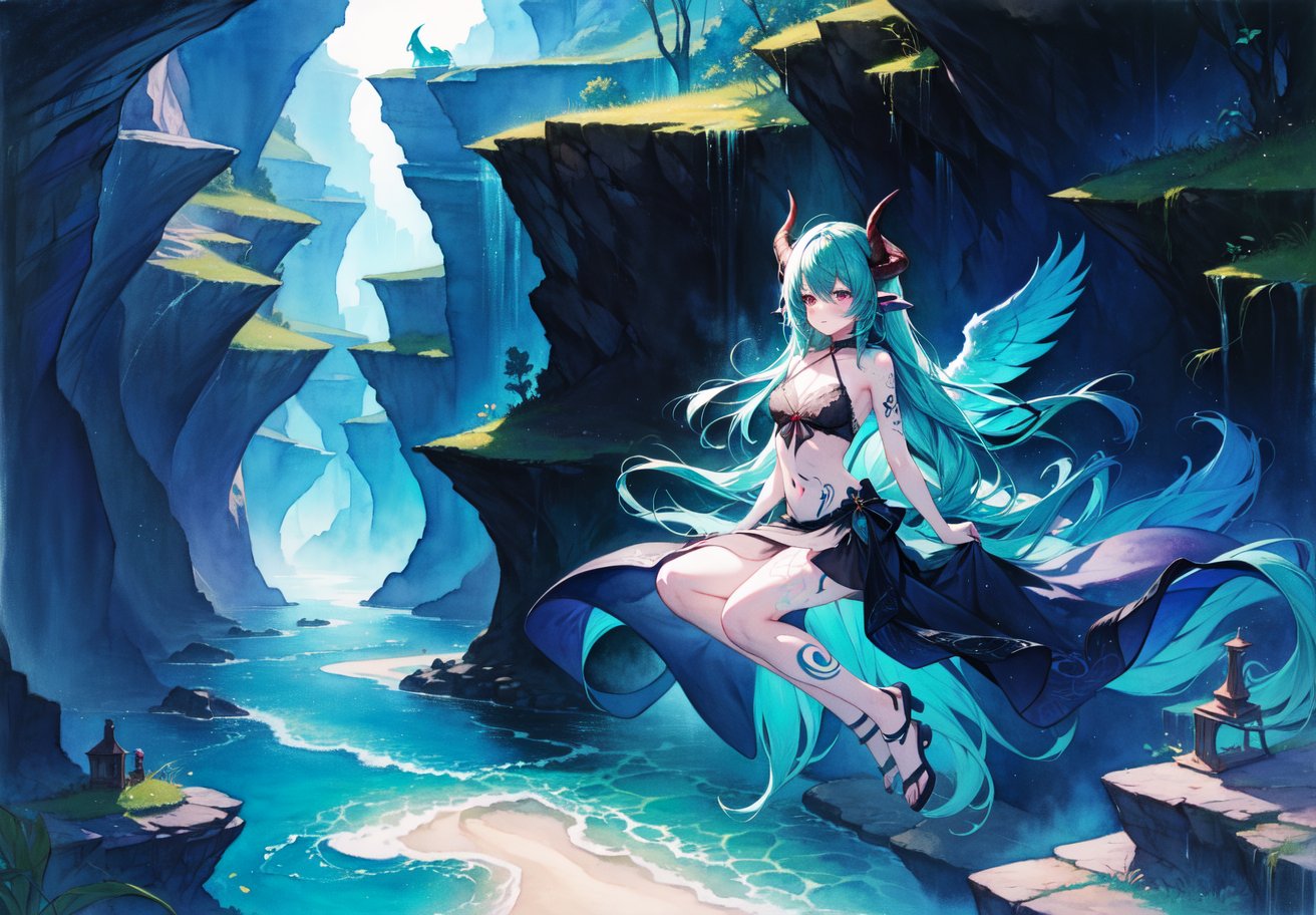 best_quality,highres,extremely_detailed, 1girl,beautiful_face,navel,light_aqua_hair,very_long_hair,full_body, ,obscenity_tattoo,windmage,aqua_tattoo,green_tattoo,waist_tattoo,neck_tattoo, village_succubus,wings,horns,tail, BREAK official_art,watercolor_\(medium\),fantasy, flying,waterfal,canyon,valley,magical_girl,GGAS_Box,,black nightgown,Circle