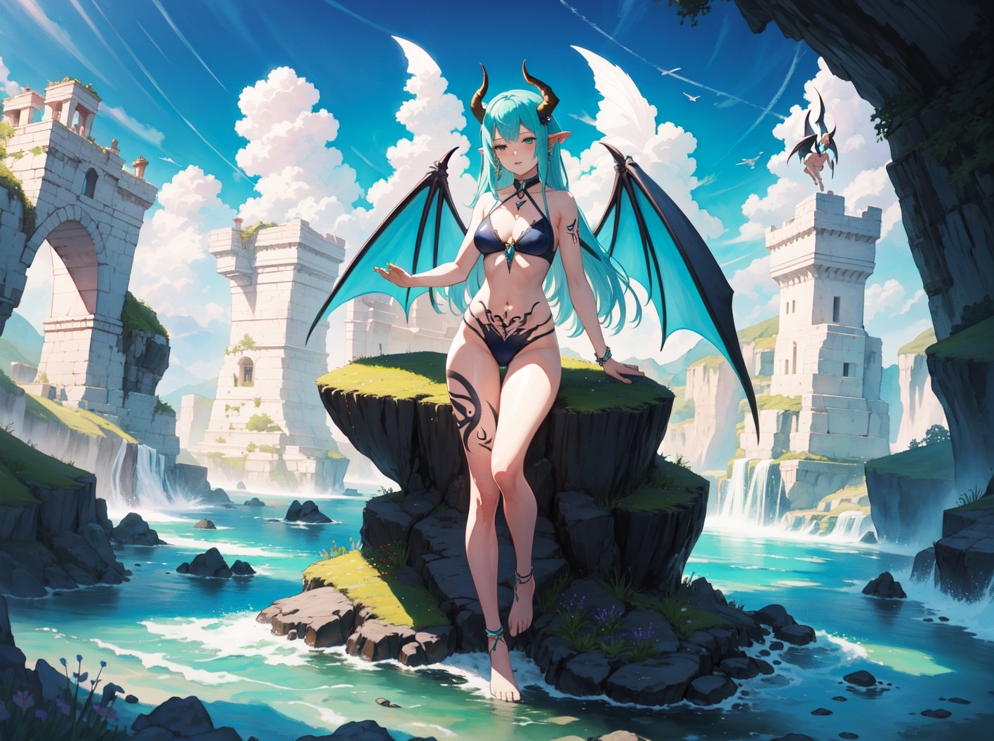 best_quality,highres,extremely_detailed, 1girl,beautiful_face,navel,light_aqua_hair,very_long_hair,full_body, ,obscenity_tattoo,windmage,aqua_tattoo,green_tattoo,waist_tattoo,neck_tattoo, village_succubus,wings,horns,tail, BREAK official_art,watercolor_\(medium\),fantasy, flying,waterfal,canyon,valley,magical_girl,GGAS_Box,,