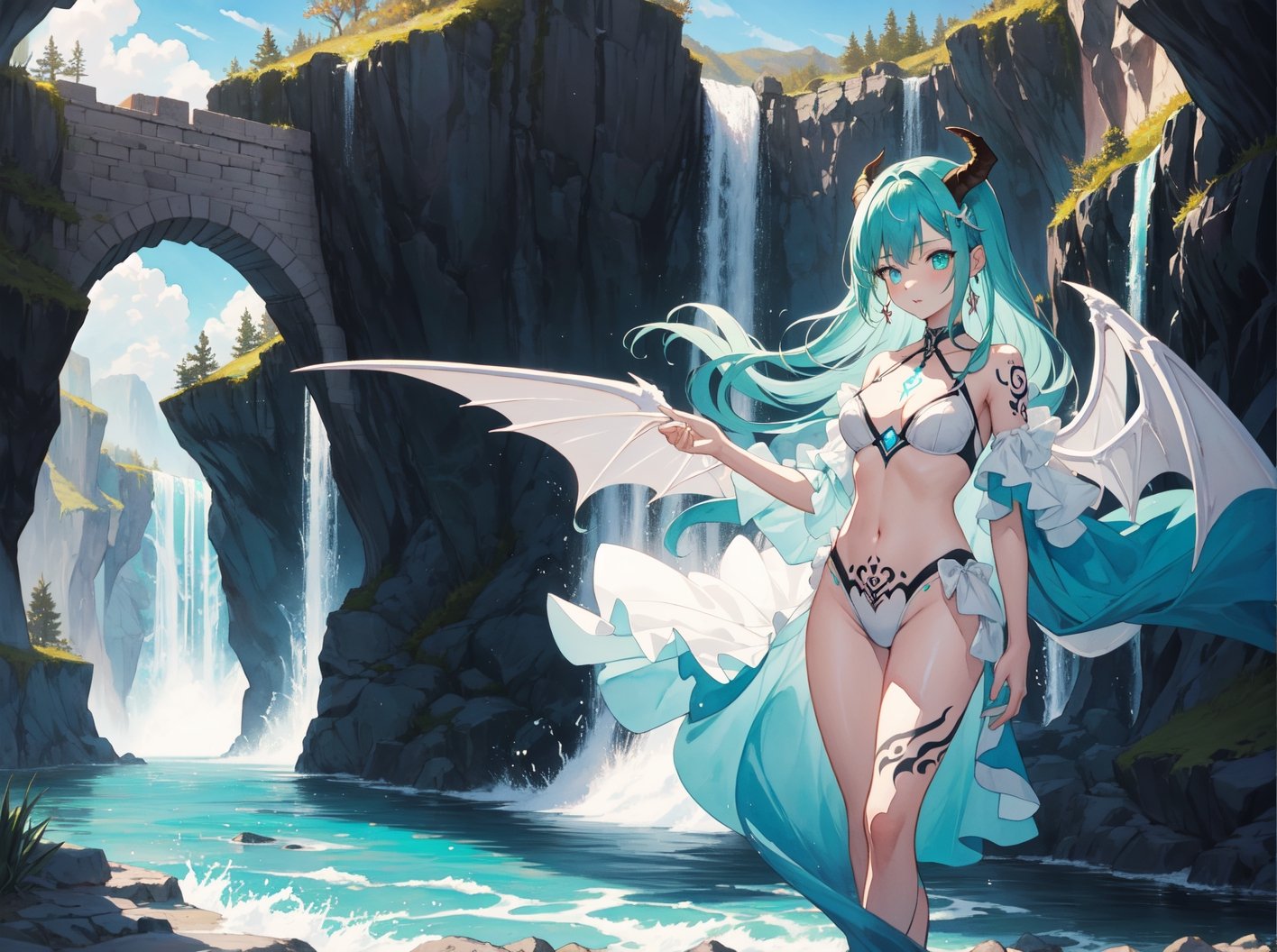 best_quality,highres,extremely_detailed, 1girl,beautiful_face,navel,light_aqua_hair,very_long_hair,full_body, ,obscenity_tattoo,windmage,aqua_tattoo,green_tattoo,waist_tattoo,neck_tattoo, village_succubus,wings,horns,tail, BREAK official_art,watercolor_\(medium\),fantasy, flying,waterfal,canyon,valley,magical_girl,GGAS_Box,