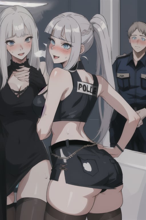 blue_eyes, grey_hair, medium_hair, braid_hair, mariamizuseexp, hairpin, long_pony_tail, milf, mommy, adult, police_uniform, girl_police, panty_and_stocking_with_garterbelt, stockings, stocking, cleavage, bare_shoulder, bare_shoulders, butt, ass, room, office, blushing, sweating, heavy_breathing, huffing, panting