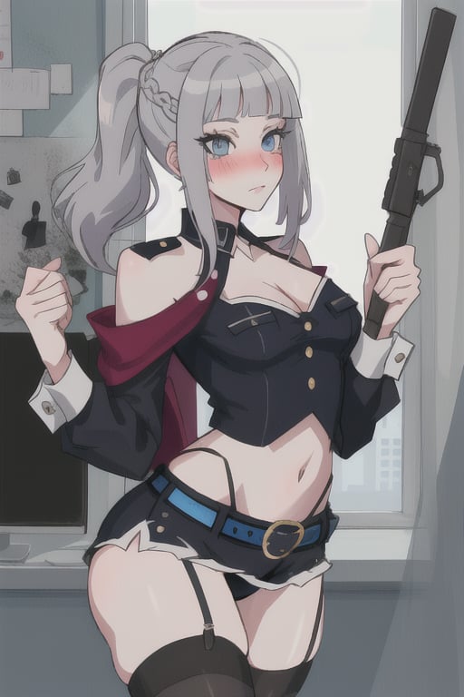 blue_eyes, grey_hair, medium_hair, braid_hair, mariamizuseexp, hairpin, long_pony_tail, milf, mommy, adult, police_uniform, girl_police, panty_and_stocking_with_garterbelt, stockings, stocking, cleavage, bare_shoulder, bare_shoulders, butt, ass, room, office, blushing