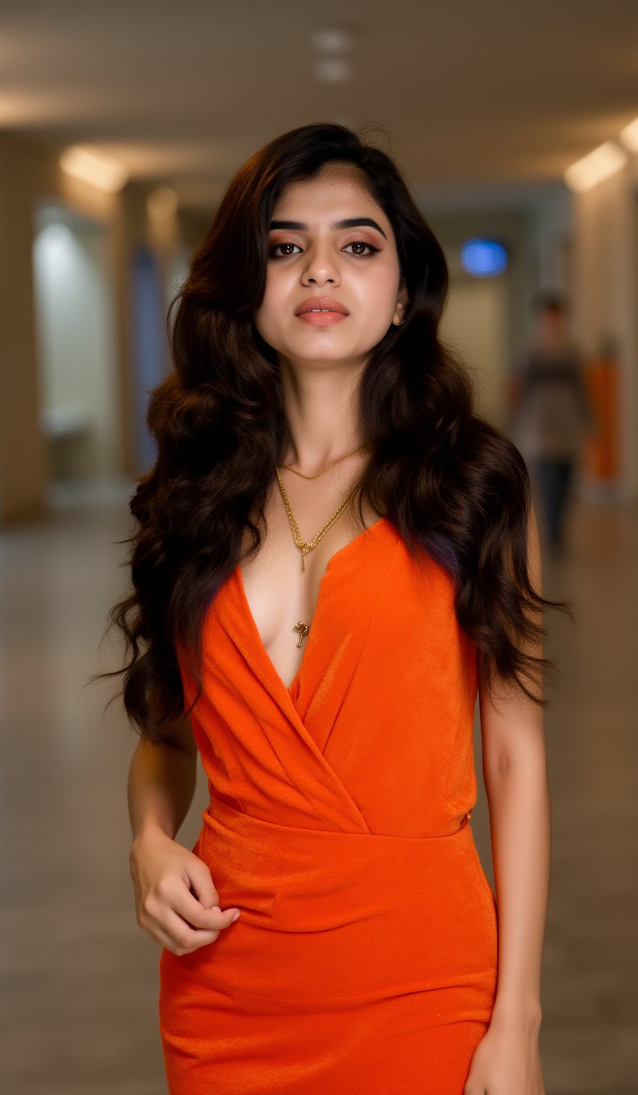 "A highly realistic portrait of a young woman standing confidently in a modern, well-lit corridor. She has long, dark hair flowing over her shoulders, styled in soft waves. She is wearing a bold, form-fitting, shimmering orange dress with a deep V-neckline. Her expression is warm and inviting, with dark eye makeup enhancing her eyes. She wears a nose ring and a delicate gold necklace. The background features a blurred walkway with soft lighting, creating a contemporary and fashionable atmosphere, while the woman remains the clear focal point of the image."

For real-person details:

Hair: Long, wavy, and dark.
Outfit: Orange, shimmering, form-fitting dress with a deep V-neck.
Accessories: Nose ring and a gold necklace.
Pose/Expression: Confident and approachable, standing in a modern setting.