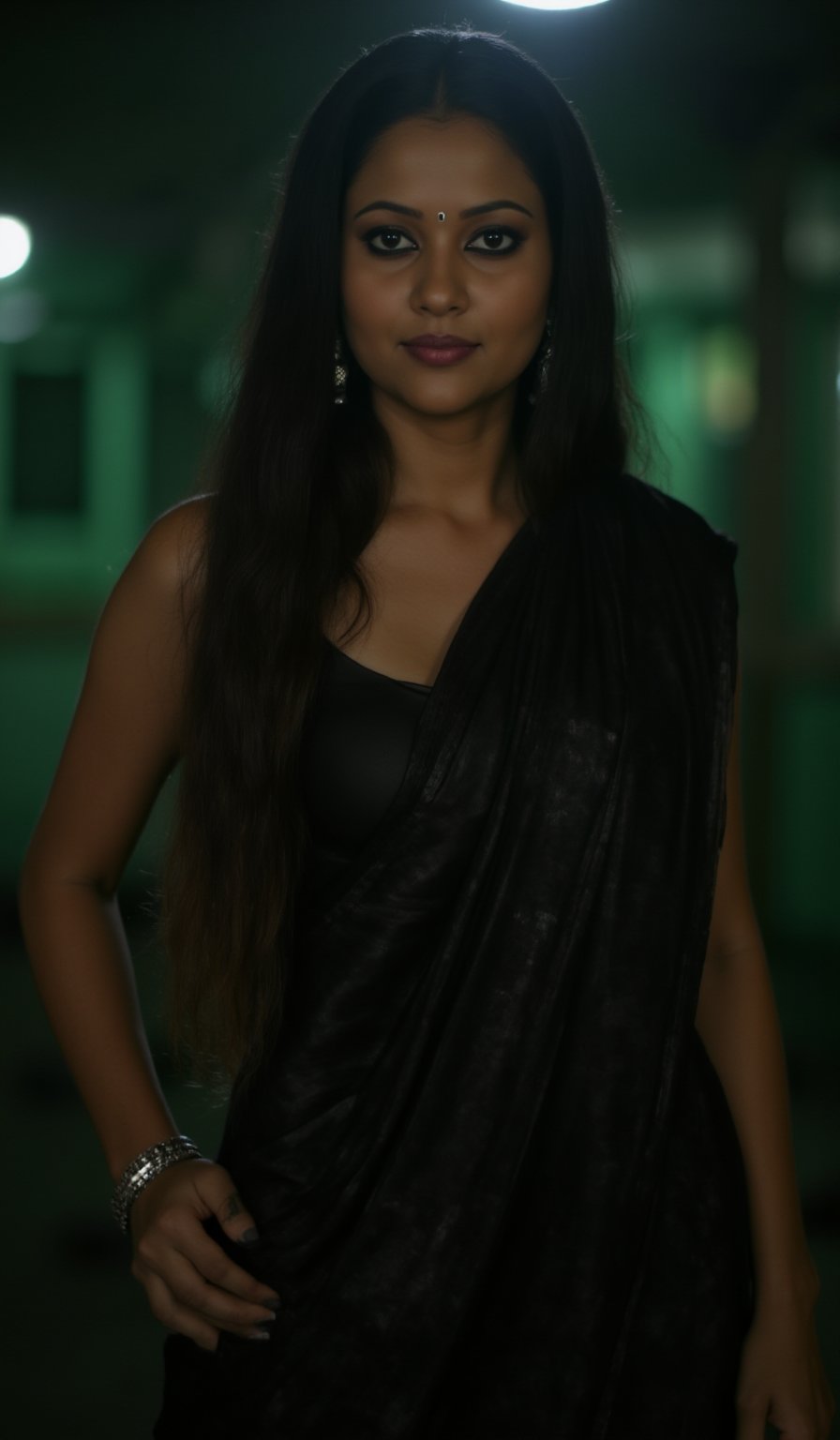 A photorealistic portrait of an Indian woman in her late 20s with dark brown skin, long straight black hair, and sharp features. She is dressed in a sleek black saree with futuristic, tech-inspired accessories. Her eyes  giving her a mysterious, powerful look. The background is a dark, cyberpunk cityscape with green digital rain falling behind her, reminiscent of the Matrix. The lighting is low, with glowing neon lights reflecting off her leather outfit, enhancing the dramatic, action-movie atmosphere.
