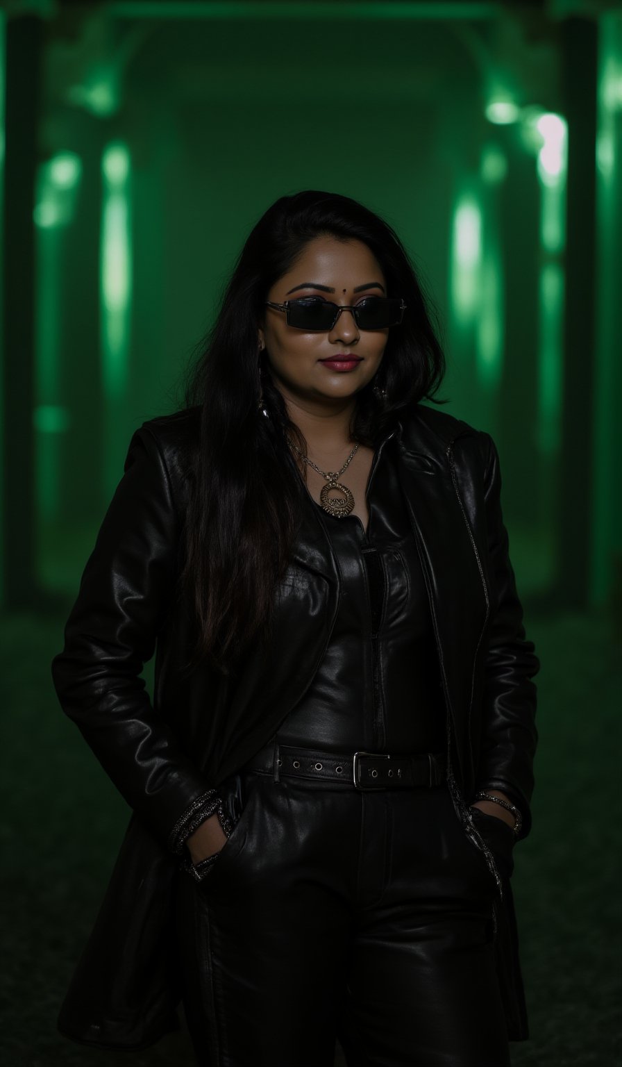 A photorealistic portrait of an Indian woman in her late 20s with dark brown skin, long straight black hair, and sharp features. She is dressed in a sleek black leather coat with futuristic, tech-inspired accessories. Her eyes are covered by black reflective sunglasses, giving her a mysterious, powerful look. The background is a dark, cyberpunk cityscape with green digital rain falling behind her, reminiscent of the Matrix. The lighting is low, with glowing neon lights reflecting off her leather outfit, enhancing the dramatic, action-movie atmosphere.
