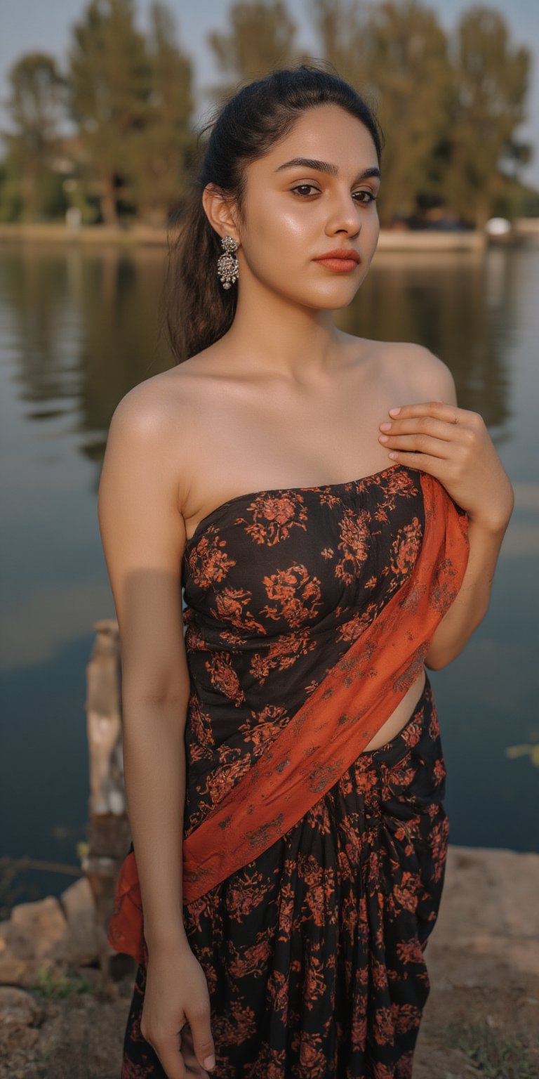 Captured at eye-level, a beautiful Indian woman, dressed in a black and red saree, stands in front of a body of water. Her hair is pulled back in a ponytail, and she's wearing a pair of silver earrings. Her left hand is resting on her hip, and her right hand is draped over her right shoulder. Exposed navel,  and the backdrop is a blend of green and brown trees.