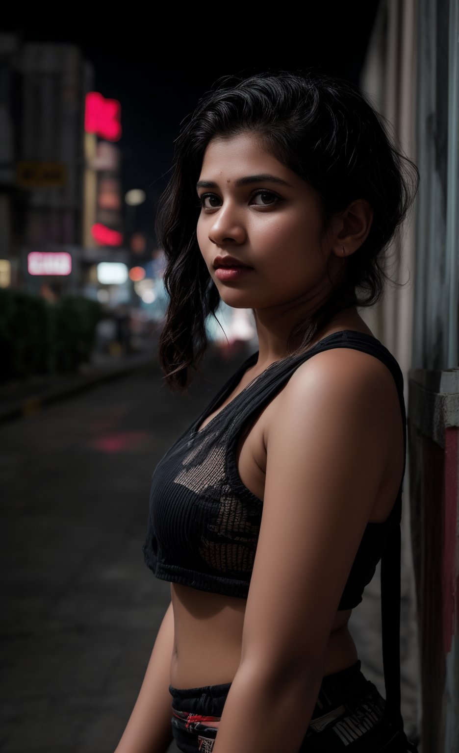 A striking Malayali woman in a cyberpunk-themed environment, captured in a realistic, high-definition photography style that mimics the quality of a Hollywood movie shot on a Sony Red cinematic camera. She is dressed in a futuristic outfit with sleek, metallic elements and neon accents, blending traditional beauty with a modern, edgy twist. Her short hair is styled to complement the cyberpunk aesthetic, perhaps with a bold color or sleek, asymmetrical cut. Midriff 

The setting is a neon-lit urban landscape, with towering buildings and holographic advertisements in the background. The scene is color graded in a strong teal and orange palette, enhancing the futuristic and dystopian atmosphere. Her face reflects determination and confidence, with dramatic lighting highlighting her features and casting dynamic shadows.

The camera angle and composition are cinematic, with a shallow depth of field that keeps the focus on the woman while subtly blurring the intricate details of the cyberpunk cityscape behind her. The overall image exudes a sense of gritty, futuristic elegance, combining the cultural elements of her Malayali heritage with the bold, high-tech world of cyberpunk.
