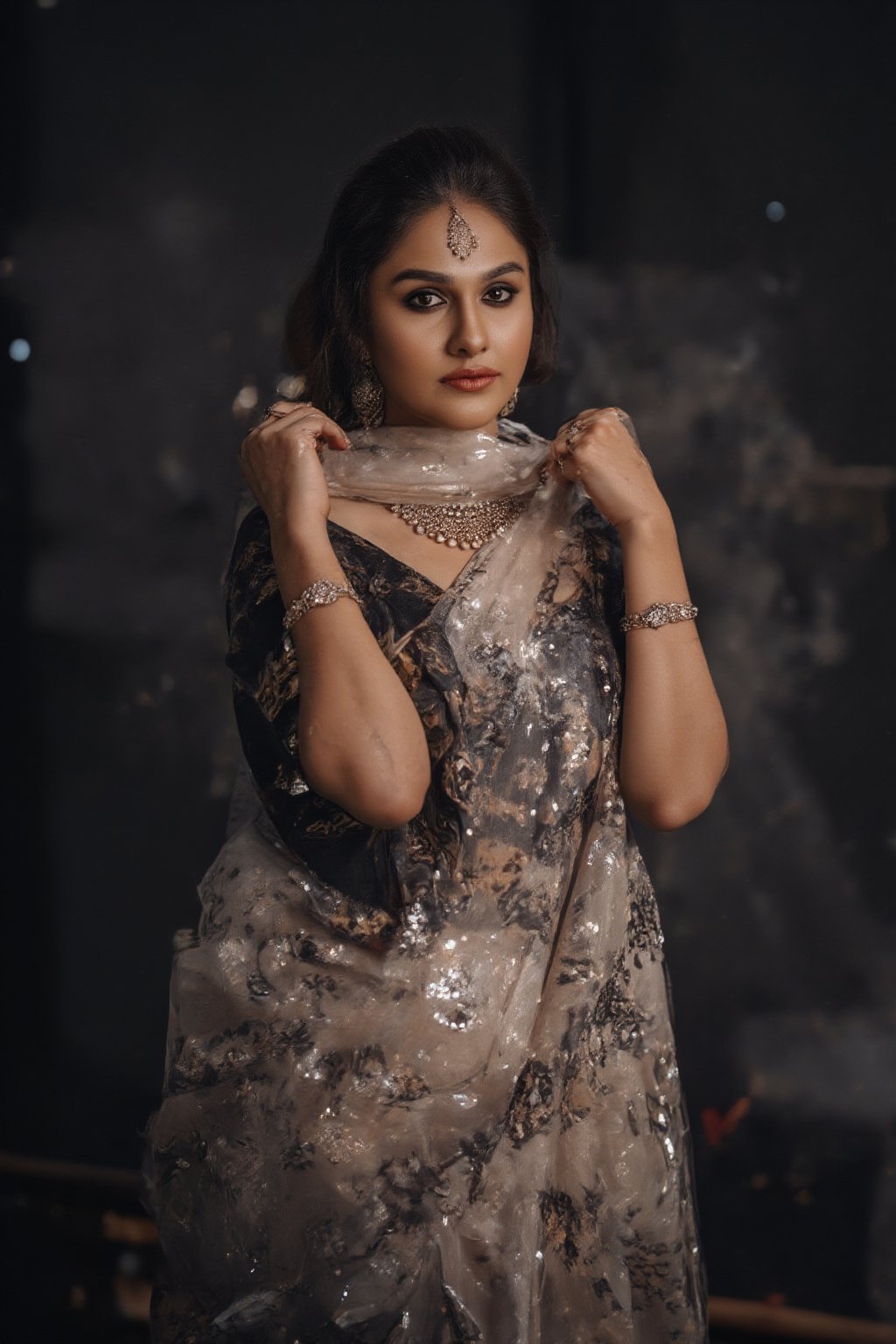 shot of a Indian woman in a black and white saree, adorned with gold earrings and a gold necklace. The woman's hair is pulled back in a ponytail, adding a touch of color to her face. The background is blurred, creating a stark contrast to the woman's outfit. The saree she is wearing is cream in color, with a black pattern on it. She is wearing a cream scarf around her waist, adding texture to her outfit.,Fantasy, 

photorealistic,portrait of hubggirl, A dramatic shot, smoky backdrop, a stunning cybernetic girl, metallic confines. She gazes intensely through enhanced, hair soft glow and refracted holographic, ,Fantasy cosplay 