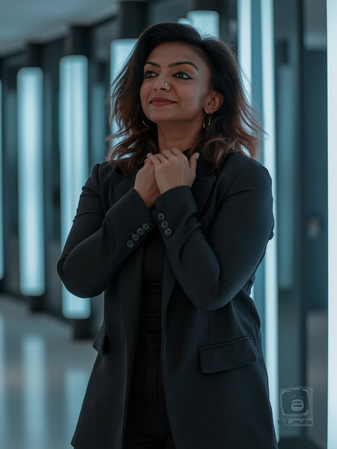 A beautiful 30-year-old Mallu (Malayali) woman with a dusky complexion, dressed in modern, high-fashion attire from the year 2100, standing in a sleek futuristic environment. She has elegant facial features with a warm smile, captured in a cinematic shot with a soft, dynamic lighting. Shot on IMAX camera, high-definition detail, realistic textures, and ultra-clear focus.,Mallu woman,Mallu woman