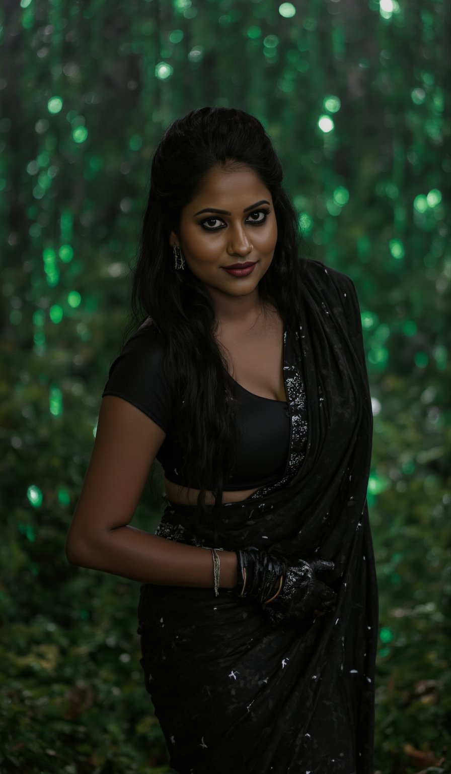 A photorealistic portrait of an Indian woman in her late 20s with dark brown skin, long straight black hair, and sharp features. She is dressed in a sleek black saree with futuristic, tech-inspired accessories. Her eyes  giving her a mysterious, powerful look. The background is a dark, cyberpunk cityscape with green digital rain falling behind her, reminiscent of the Matrix. The lighting is low, with glowing neon lights reflecting off her leather outfit, enhancing the dramatic, action-movie atmosphere.
