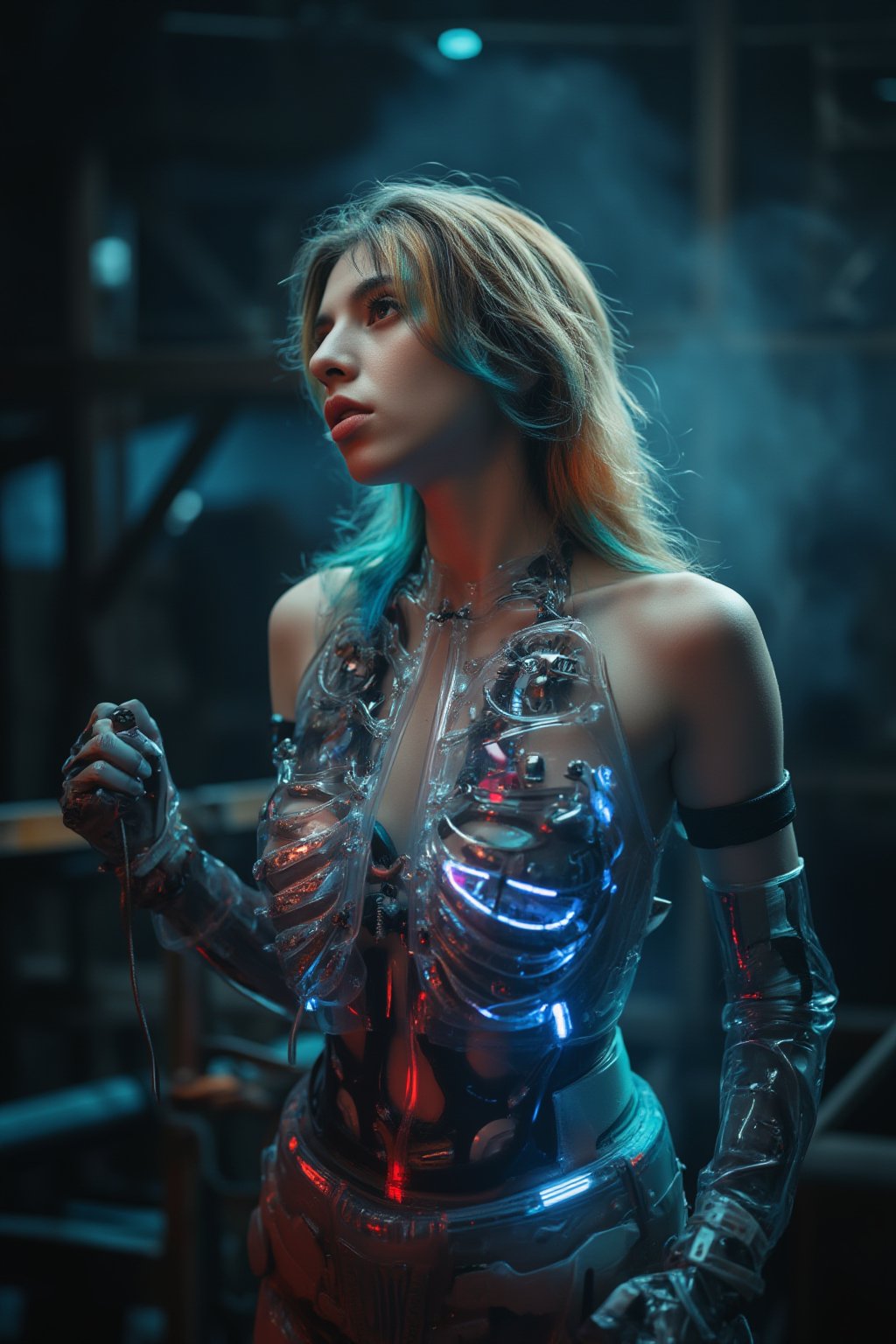 photorealistic,portrait of hubggirl, A dramatic shot unfolds against a dark, smoky backdrop, a stunning cybernetic girl stands tall within a docking station's metallic confines. She gazes intensely through enhanced sensory capabilities, her porcelain skin illuminated by the glass rib cage's soft glow and refracted holographic projections. Rainbow-hued hair cascades down her back in an asymmetrical long style, as neon cables and gears pulse inside her transparent torso. A Special Operator robot reclines nearby, its silver locks falling in elegant waves down its armored physique. The scene is set against the ruins of a futuristic mining facility, with bioluminescent attire casting a soft glow on the glass warrior woman's transparent torso, highlighting intricate Rococo-inspired cyberpunk details and delicate ruffles adorned with metallic sheen.,Sree