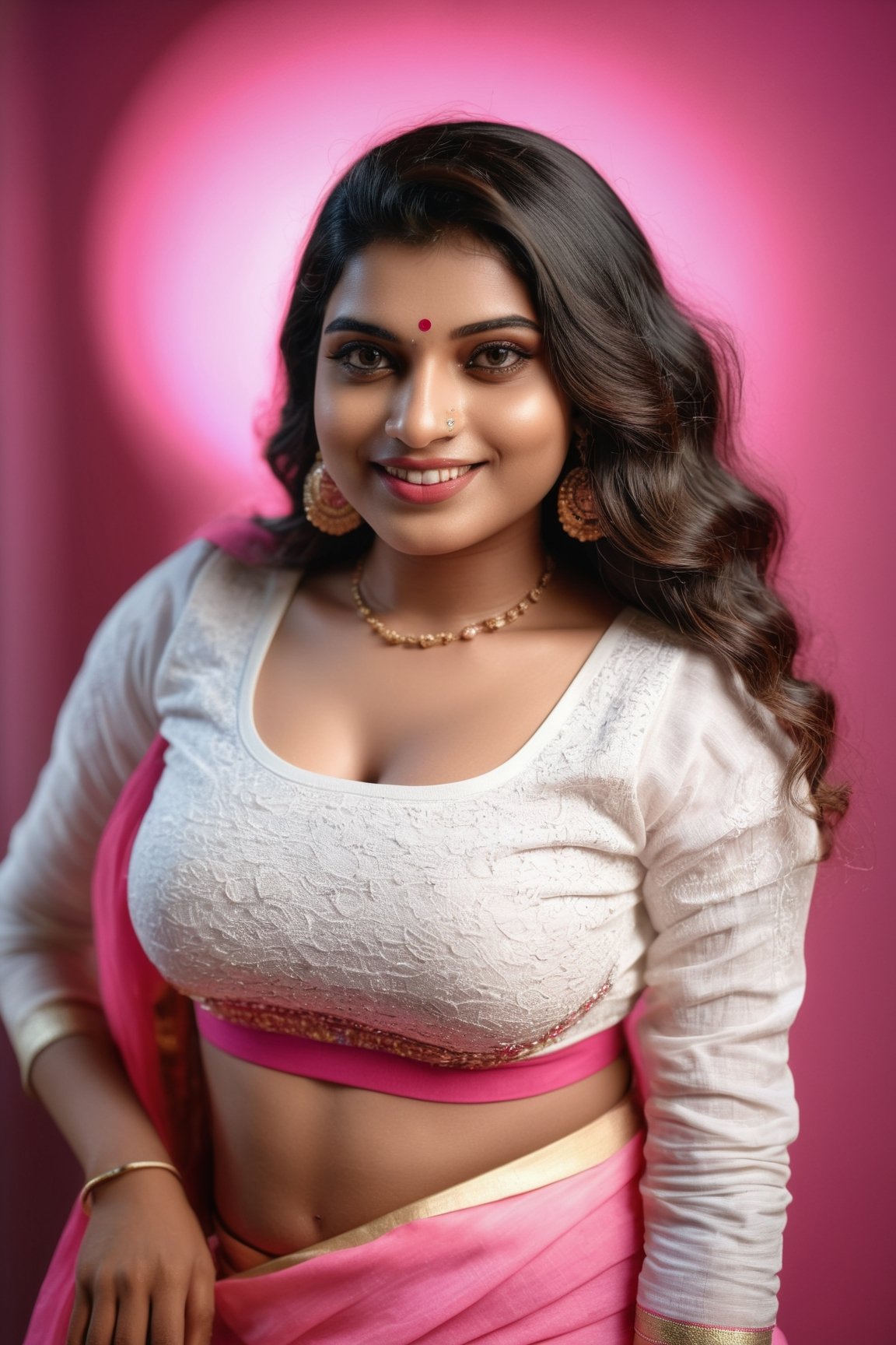 (best quality, 4k, 8k, highres, masterpiece:1.2), ultra-detailed, (realistic, photorealistic, photo-realistic:1.37), woman, full body, detailed face and hand, beautiful detailed eyes, cute smile, trendy instagram influencer, wearing a fashionable white and pink top, studio lighting,Mallu women