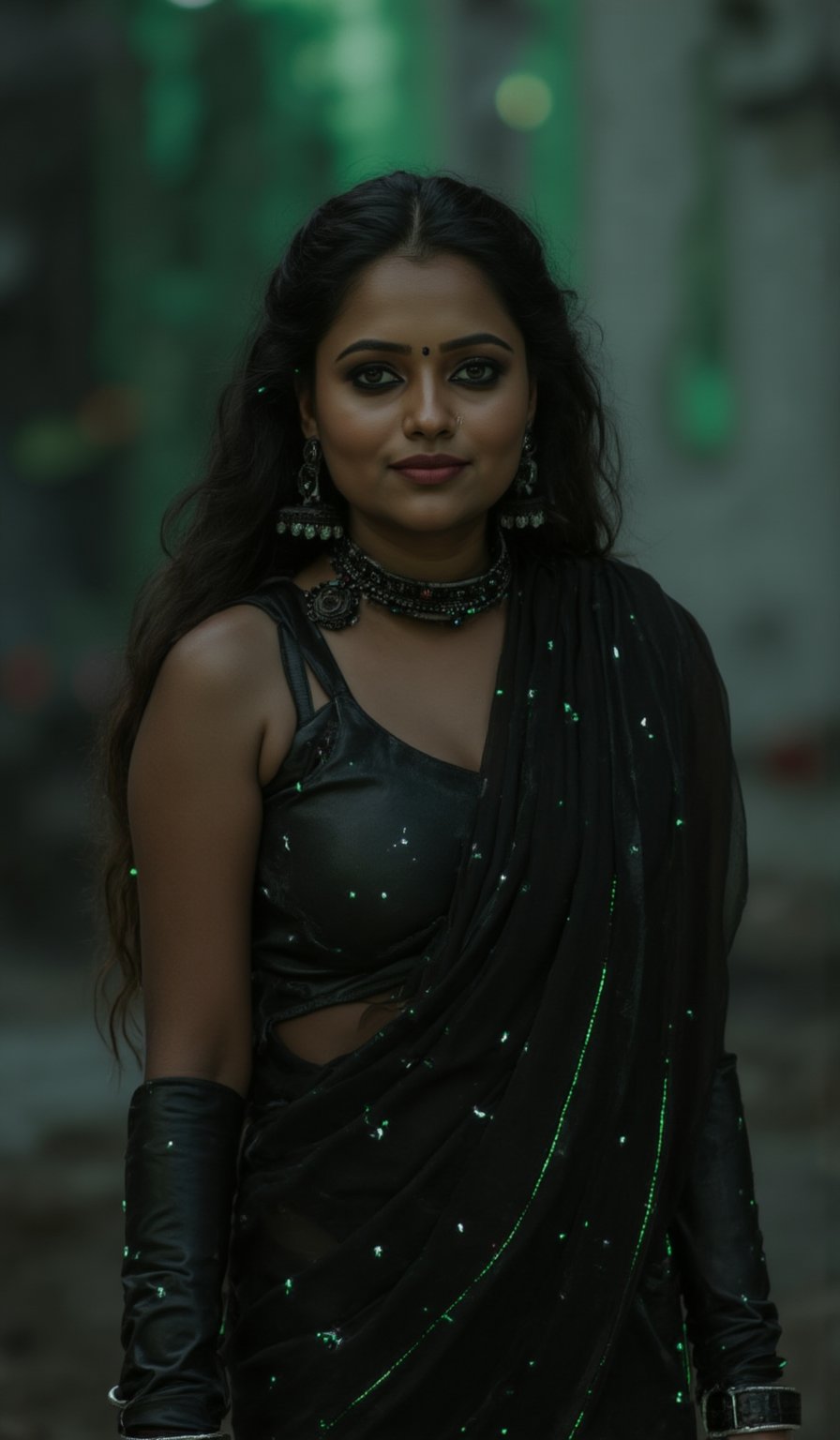 A photorealistic portrait of an Indian woman in her late 20s with dark brown skin, long straight black hair, and sharp features. She is dressed in a sleek black saree with futuristic, tech-inspired accessories. Her eyes  giving her a mysterious, powerful look. The background is a dark, cyberpunk cityscape with green digital rain falling behind her, reminiscent of the Matrix. The lighting is low, with glowing neon lights reflecting off her leather outfit, enhancing the dramatic, action-movie atmosphere.
