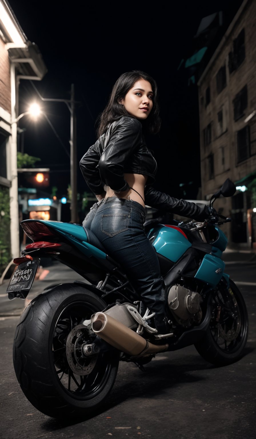 A stunning Malayali woman with short hair, dressed in a modern, stylish outfit that exposes her midriff. She is confidently riding a BMW S1000RR motorcycle, captured in a realistic, high-definition photography style. The woman has an expressive face, reflecting excitement and thrill as she rides the bike. Her outfit is contemporary, perhaps a crop top paired with high-waisted jeans or a leather jacket, fitting the sleek and bold vibe of the scene.

The image is color graded in a cinematic style, reminiscent of the Matrix movie, with a strong teal and orange color palette that enhances the intensity of the scene. The lighting creates a dramatic effect, highlighting the contours of her face and the shine of the motorcycle. The background is slightly blurred to emphasize motion, but still hints at an urban environment. The overall composition exudes a sense of modernity, freedom, and adventure, with the woman and the bike as the focal points.
