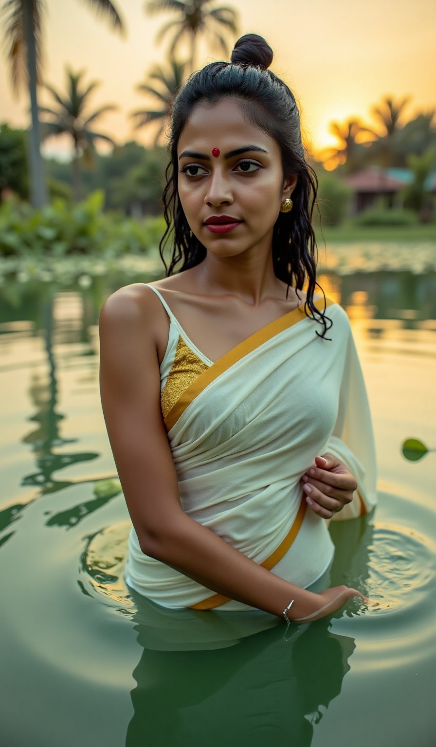  "Matrix: Kairali Warrior"

Description: Visualize a strong, confident Malayali woman dressed in a modern, sleek outfit that combines traditional elements, like a vibrant mundu or kasavu border, with futuristic accessories. She stands in a digital landscape reminiscent of the Matrix, with cascading green code falling around her.

A highly realistic scene of a young woman partially submerged in calm water during sunset. Her skin has natural, human-like textures with soft lighting reflecting off her wet face. She is wearing a traditional white sari with subtle golden accents, drenched in the water. Her hair is loosely tied, with wet strands falling naturally around her face. Her expression is soft and serene, and she wears a small red bindi on her forehead with sindoor in her hair parting. The background shows the realistic reflections of trees and a warm sky, creating a peaceful, lifelike atmosphere without any plastic-like features.",Amala Paul