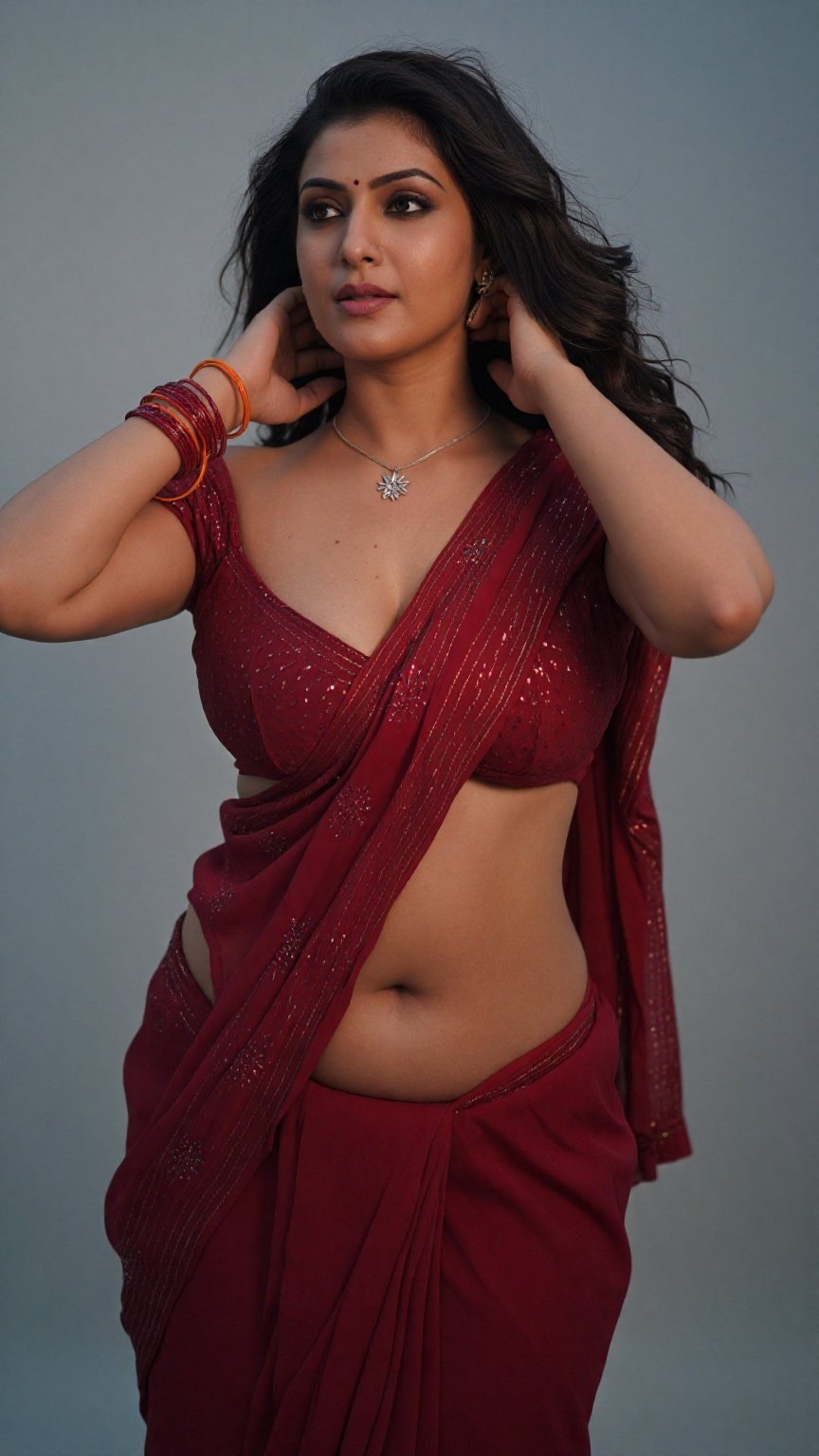 Cinematic photograph of a tall young South Asian woman with realistic warm skin tone and very very long floor-length wavy...