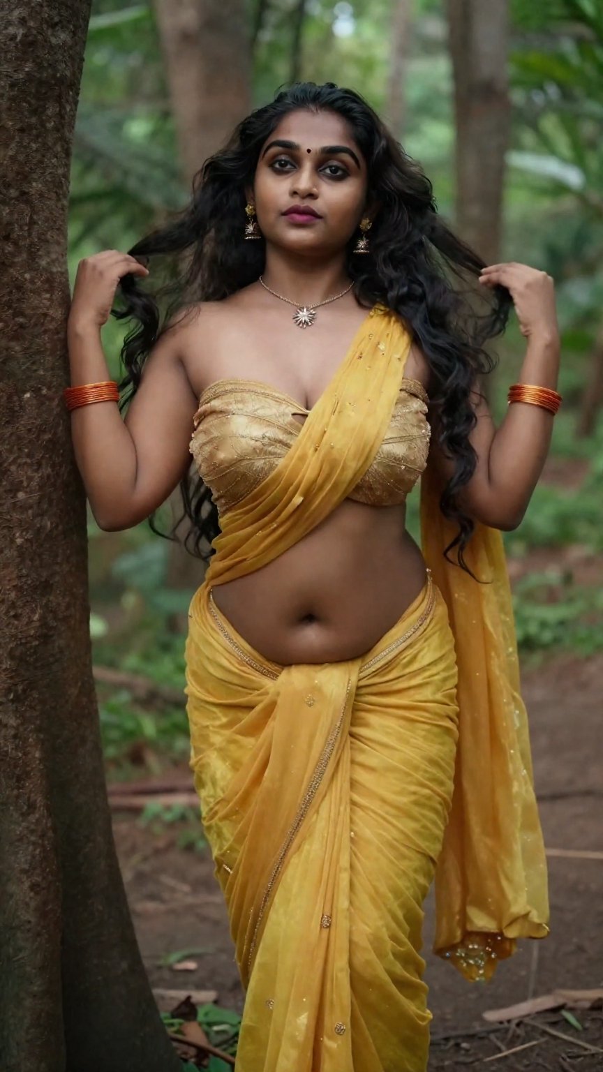 Cinematic photograph of a tall young South Asian woman with realistic warm skin tone and very very long thigh-length wavy...