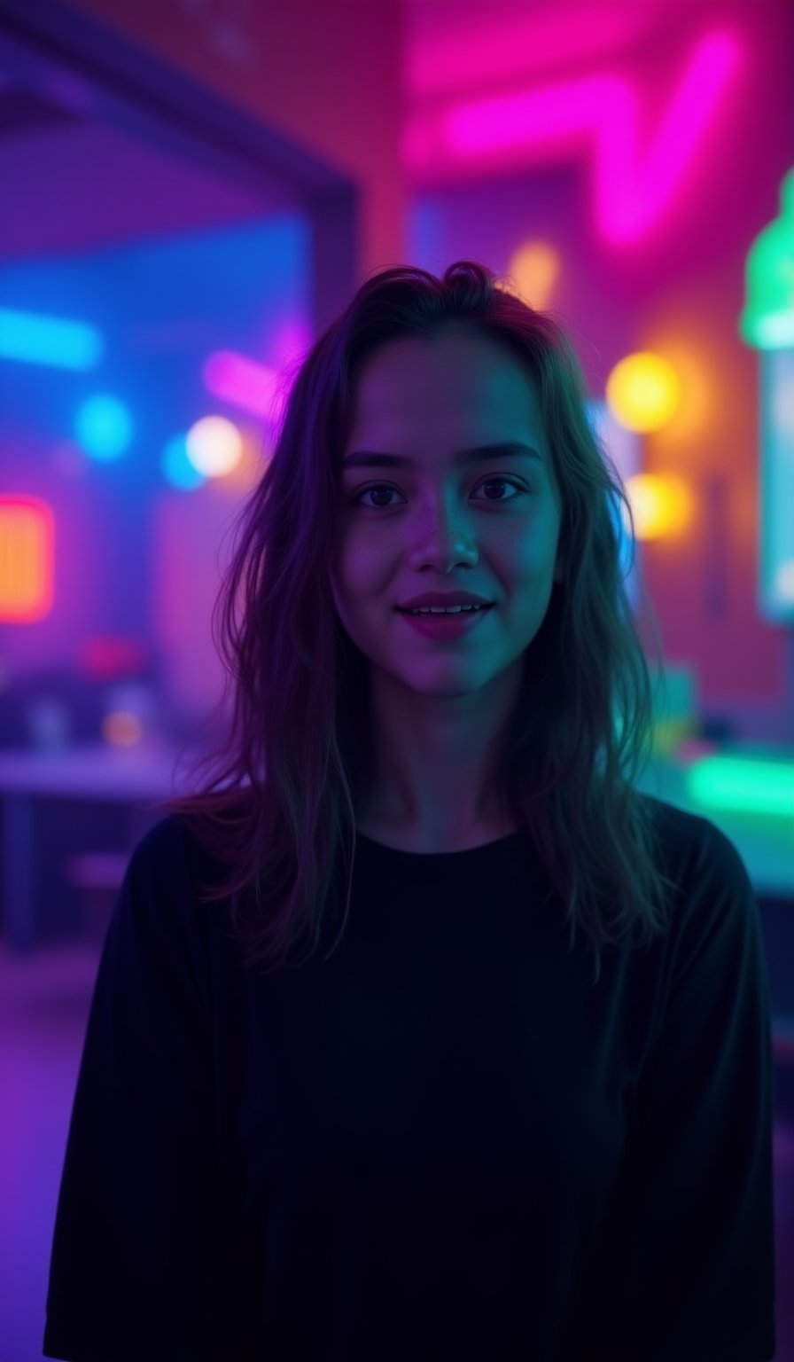 The atmosphere is fun and inviting, featuring colors like black, blue, dark blue, dark purple, gray, light green, purple, and orange. Neon lights in pink, blue, and green illuminate the space, creating a bokeh and Depth of Fieldeffect. The focus is on the girl from the torso to the head, captured in a cinematic style with a Sony A7R IV full-frame camera,Busty