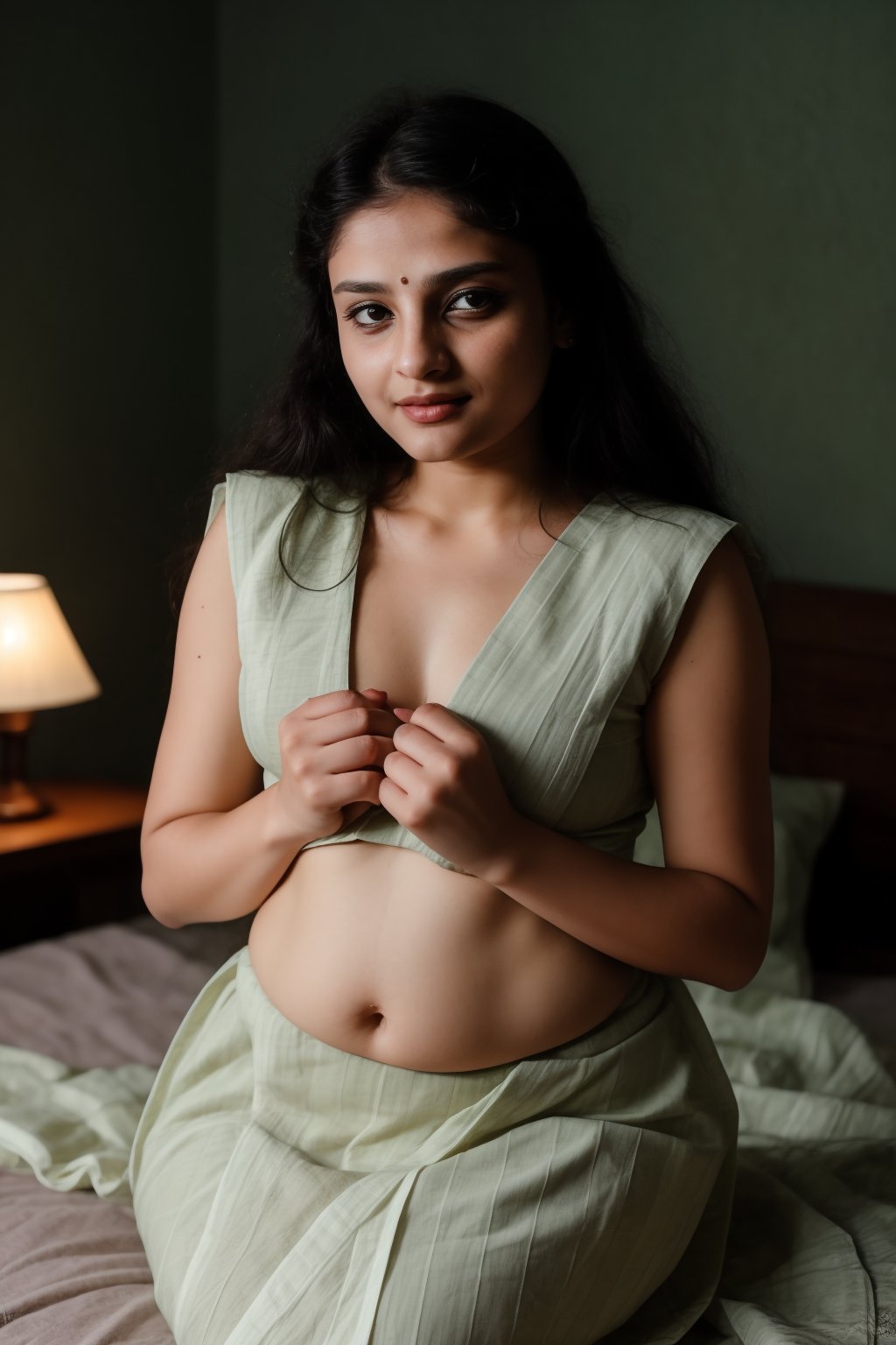 A stunning 25-year-old woman with short hair and double eyelids sits serenely in a dimly lit bedroom, her pale skin glistening with subtle sheen. Glossy blue eyes lock onto the camera, surrounded by delicate facial features. Her hands gently cover her chest, where wet oil hair cascades down her navel. A traditional mallu ornaments-adorned saree flows effortlessly around her, under a 35mm lens capturing every intricate detail.