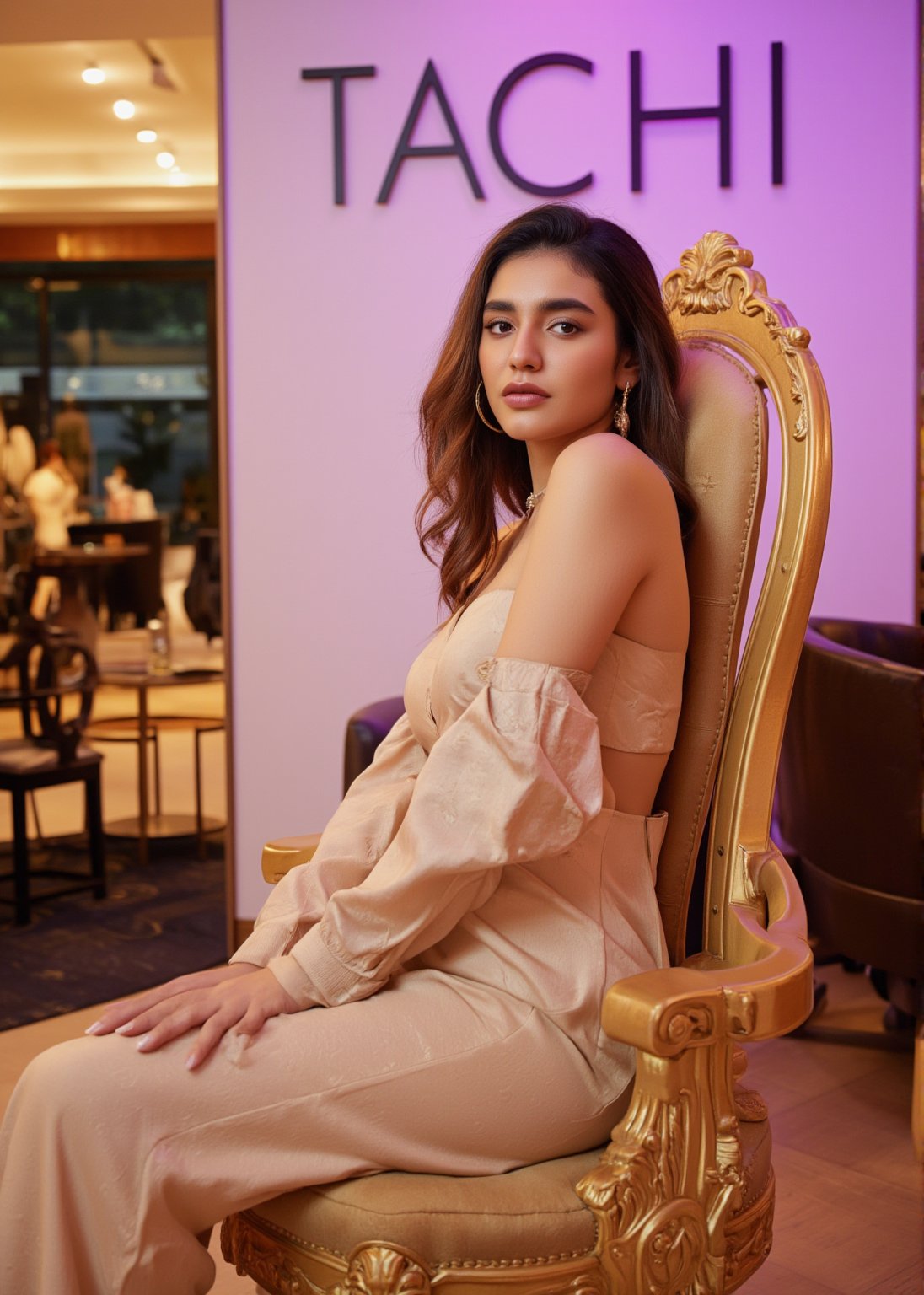 In a modern boutique shop named "TACHI," a stunning woman sits elegantly on a throne, exuding beauty and sophistication. The shop’s name is clearly visible on the background wall. The woman’s attire is stylish and trendy, reflecting the boutique's upscale and fashionable nature. The shop is decorated with modern furnishings, vibrant lighting, and luxurious details, while the throne adds a touch of regality and modern elegance to the scene.
