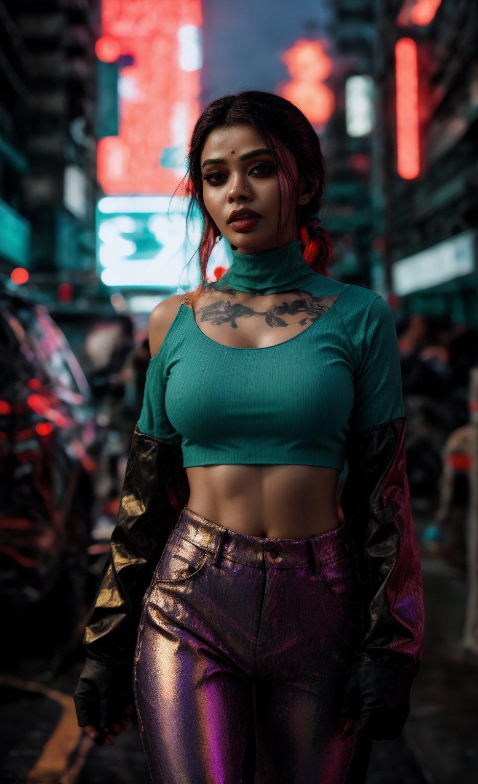 A striking Malayali woman in a cyberpunk-themed environment, captured in a realistic, high-definition photography style that mimics the quality of a Hollywood movie shot on a Sony Red cinematic camera. She is dressed in a futuristic outfit with sleek, metallic elements and neon accents, blending traditional beauty with a modern, edgy twist. Her short hair is styled to complement the cyberpunk aesthetic, perhaps with a bold color or sleek, asymmetrical cut. Midriff 

The setting is a neon-lit urban landscape, with towering buildings and holographic advertisements in the background. The scene is color graded in a strong teal and orange palette, enhancing the futuristic and dystopian atmosphere. Her face reflects determination and confidence, with dramatic lighting highlighting her features and casting dynamic shadows.

The camera angle and composition are cinematic, with a shallow depth of field that keeps the focus on the woman while subtly blurring the intricate details of the cyberpunk cityscape behind her. The overall image exudes a sense of gritty, futuristic elegance, combining the cultural elements of her Malayali heritage with the bold, high-tech world of cyberpunk.,Glowing dots on body