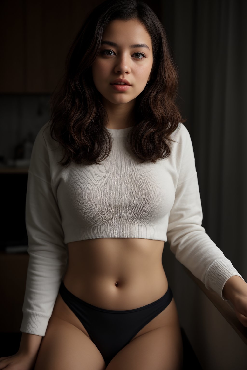 Indifferent curvy woman, 20 years old, sits confidently in front of a dungeon epic backdrop. Her plump cheeks and purple Shag haircut are framed by the studio lighting's hard light, captured with precision using a Sony A7 camera and 50mm lens. Her sweatshirt-clad midriff is exposed, emphasizing her curves. The matte skin tone showcases pores and textures in hyper-detailed, hyper-realistic clarity.