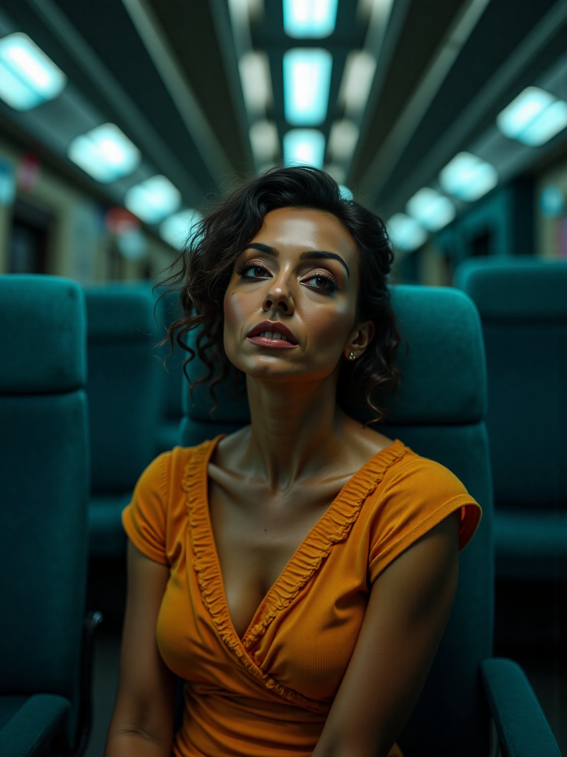 A beautiful Russian  women in a train,  morden dress, futuristic atmosphere, realistic  raw photo, details, 32k, cinematic color grading, skin texture, Teal and orange color lighting,Mallu woman