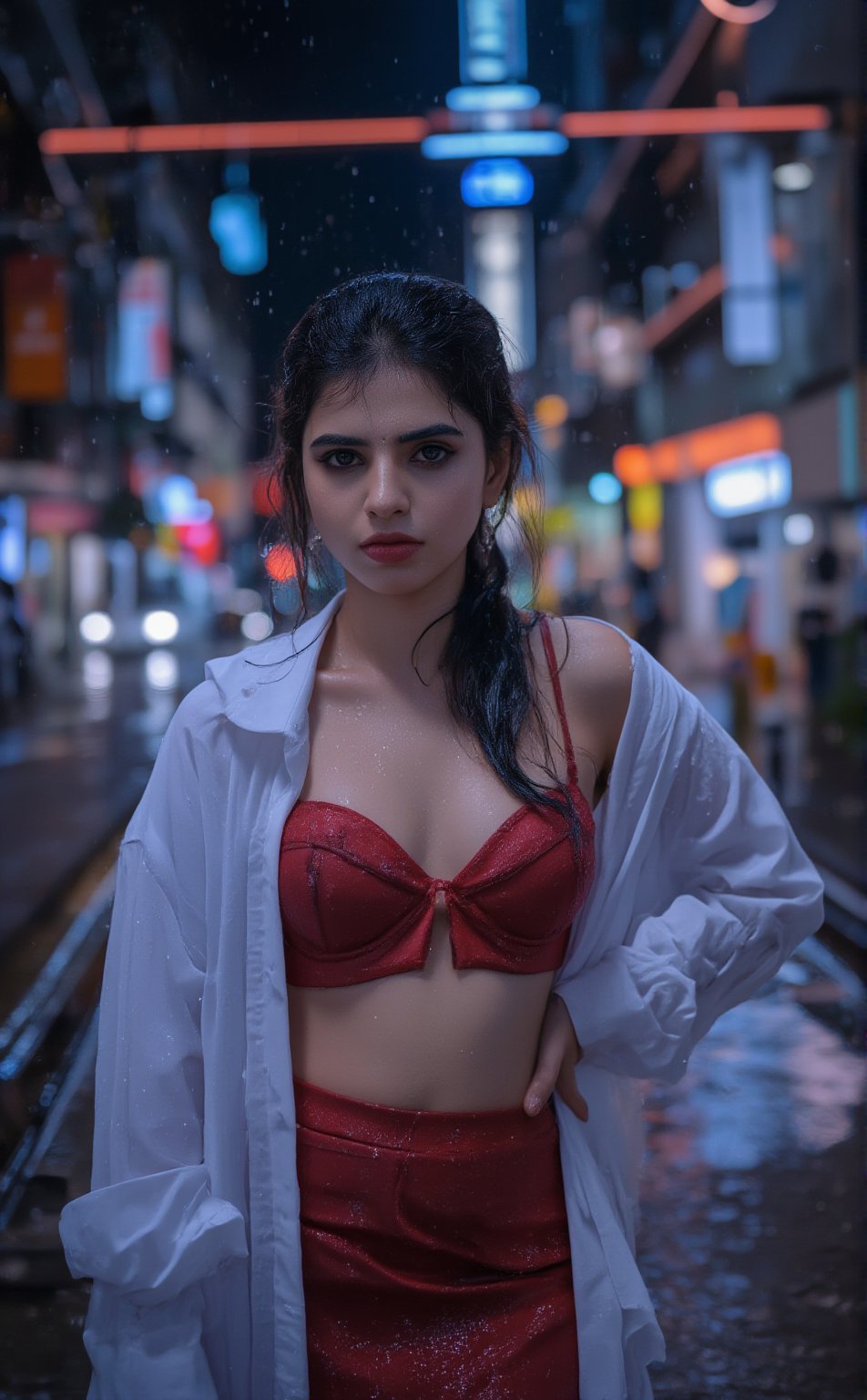 A stunning cyberpunk scene unfolds: a beautiful girl, Sree, stands confidently in the rain-soaked night, midriff exposed beneath a silky anarkali dress. Her sad face is bathed in good lighting, with a dynamic angel pose accentuating her curves. A flare of neon light illuminates her upper body, contrasting with the wetness of her skin and face. In the background, a futuristic mallu setting glows softly, with bokeh effects capturing the city's vibrant energy. Her white shirt glistens with raindrops, as she stands resolute against the urban landscape.