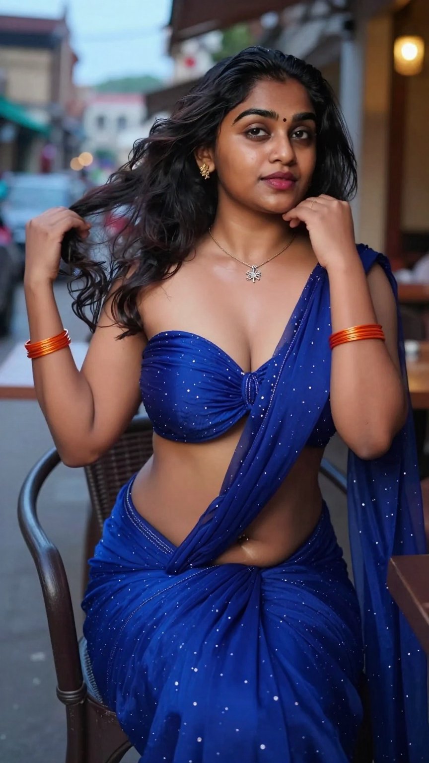 Cinematic photograph of a tall young South Asian woman with realistic warm skin tone and very very long thigh-length wavy...