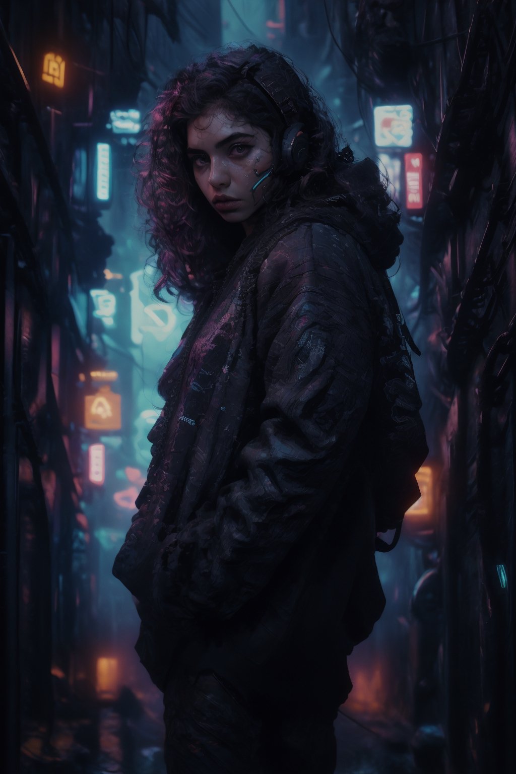 Mallu curly hair, Dreampolis, hyper-detailed digital illustration, cyberpunk, single girl with techsuite hoodie and headphones in the street, neon lights, lighting bar, city, cyberpunk city, film still, backpack, in megapolis, pro-lighting, high-res, masterpiece,photorealistic,22yo girl ,1 girl,midjourney,CyberpunkWorld