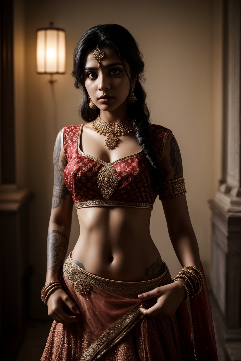 1girl, accessories, piercing , lip piercing , misterious, masterpiece, best quality, dynamic angle, cinematic composition, lehenga,  tattoo 