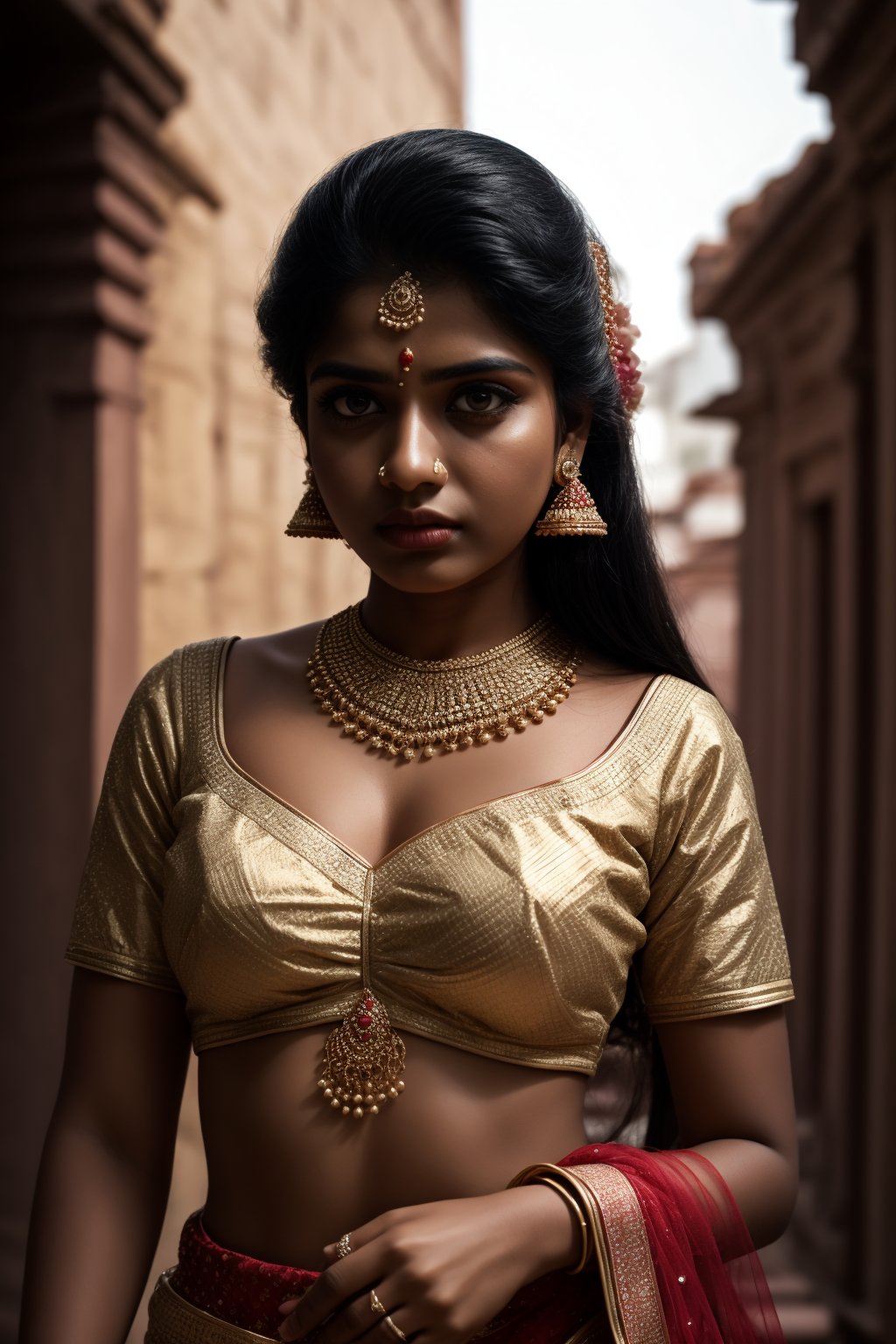 1girl, accessories, ear-piercing , lip piercing , misterious, masterpiece, best quality, dynamic angle, cinematic composition, mallu, lehenga, 